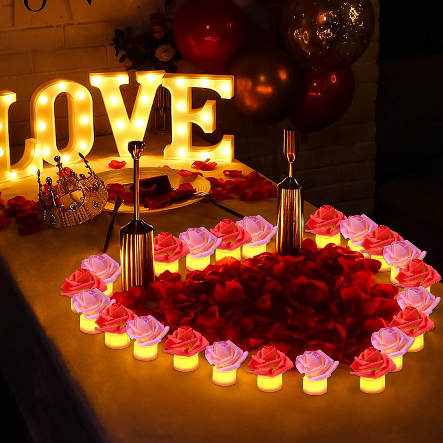 YBB 24 Pack Artificial Rose Tea Light, Valentine's Day Rose Petals Flameless LED Candle Lights for Romantic Night Anniversary Wedding Party Decor