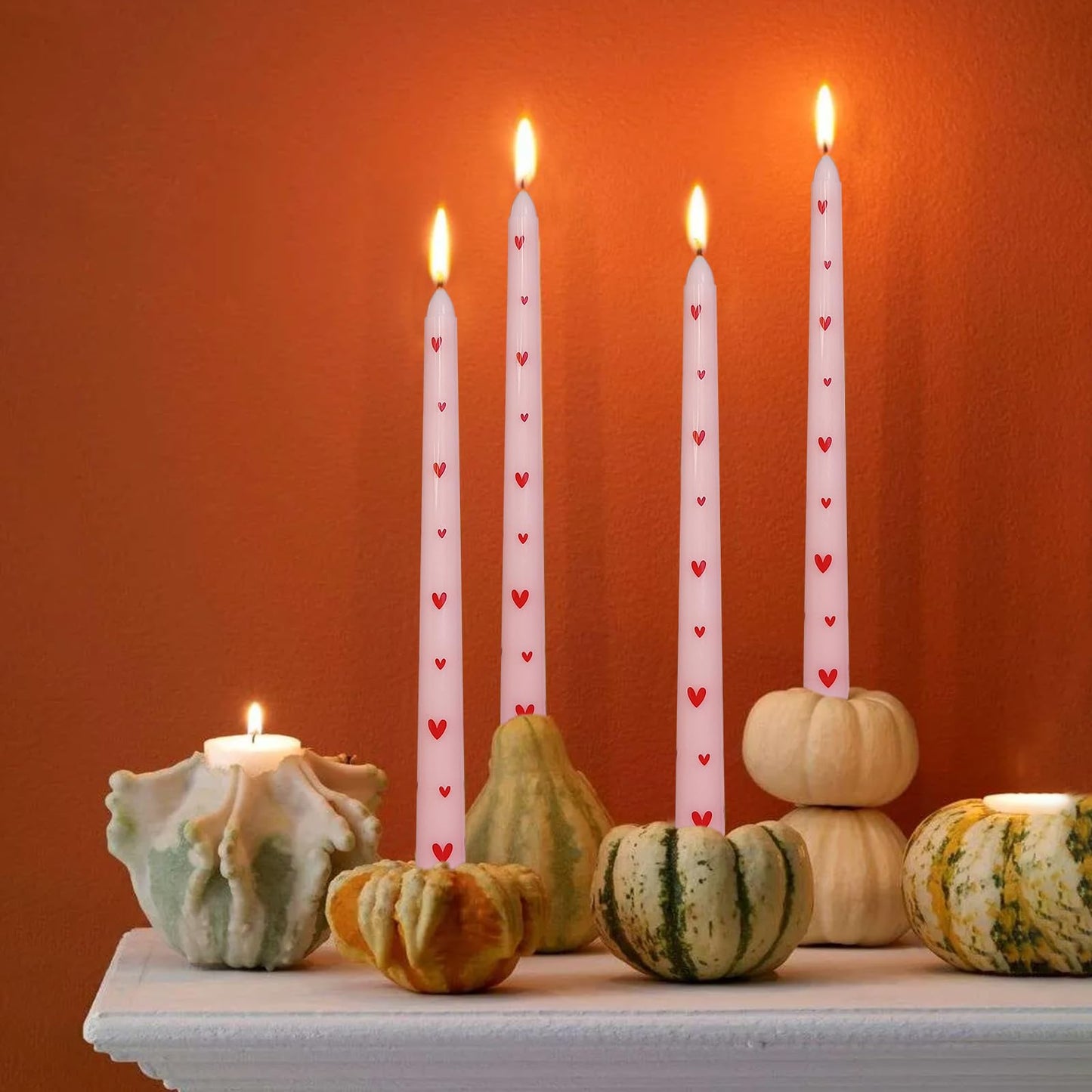 Taper Candles 10 Inch Print Candle Handmade Unscented Red Heart Long Candles 2 Pack Twisted Candlesticks for Wedding Home Decoration Gifts