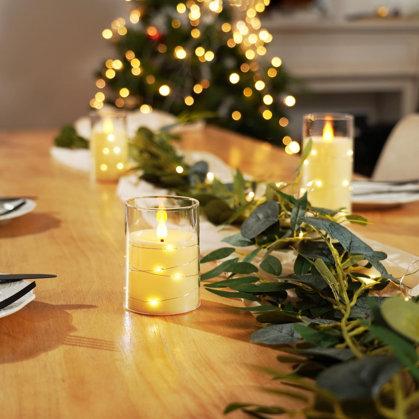 Amagic LED Flameless Candles, Battery Operated Candles with Embedded Fairy Lights, Acrylic Fake Candles with Remote and Timer for Wedding Home Decor, Ivory White, Set of 3, D3 x H4 5" 6"
