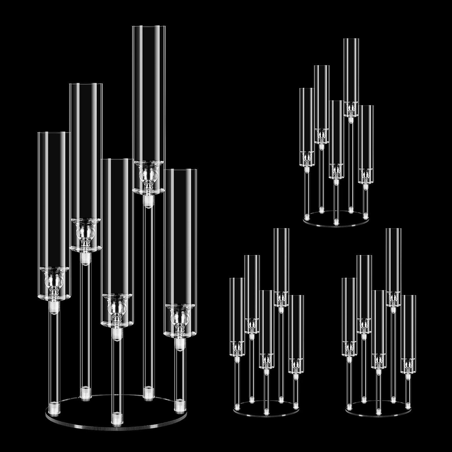 4 Set 22.8'' Tall Acrylic Candelabra Centerpieces for Wedding Table Decorations,Clear 5 Arms Candlesticks Holder with Acrylic Shade for Candlelight Dinner Party Fireplace Gift Fit LED Candle