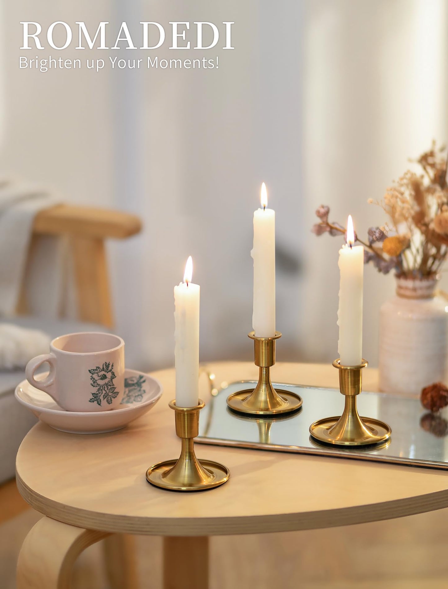 Romadedi Gold Candlestick Candle Holders - Brass Taper Holders Candle Stick for Wedding Table Centerpiece Festive Christmas Mantel Decoration Home Decor, Set of 6