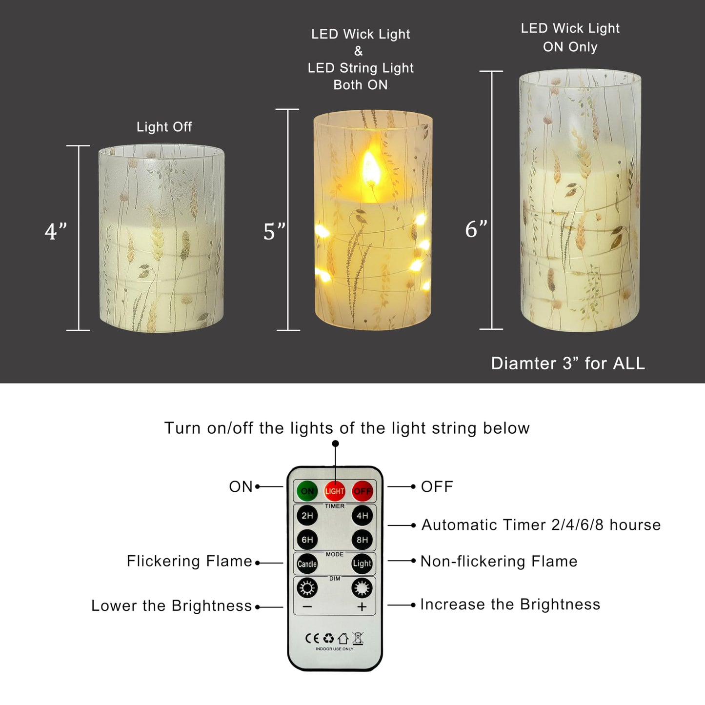 Flickering Flameless Candles Leaf Print, Embedded Star String Lights, Battery Operated Acrylic LED Pillar Candles with 11-Key Remote and Timer for Home Decoration, 3 Pack