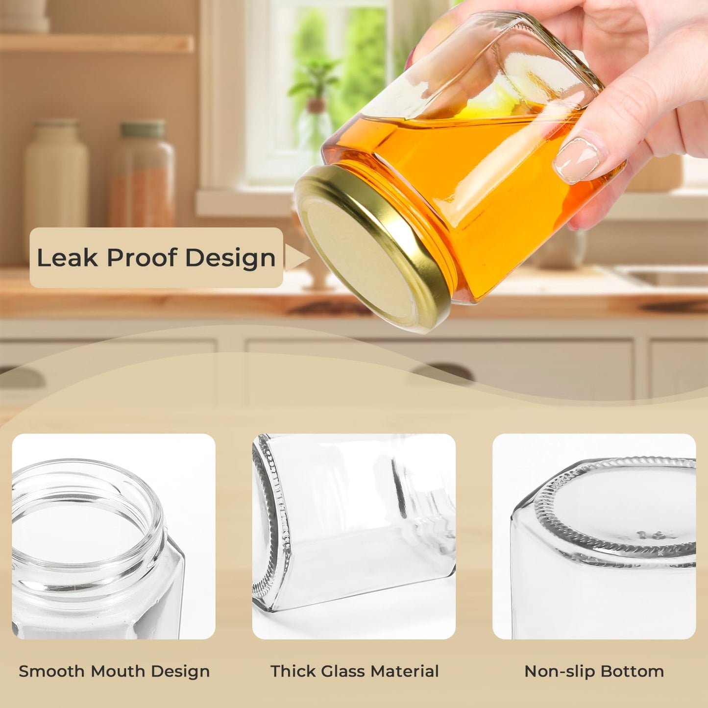 Waymind 6 oz Hexagon Glass Jars with Gold Lids, 30 Pcs Canning Jars for Jam, Honey, Jelly, Candy, Candle, Wedding Favors, Baby Shower Favors, Spice Jars Crafts with Stickers and Pen for Labeling