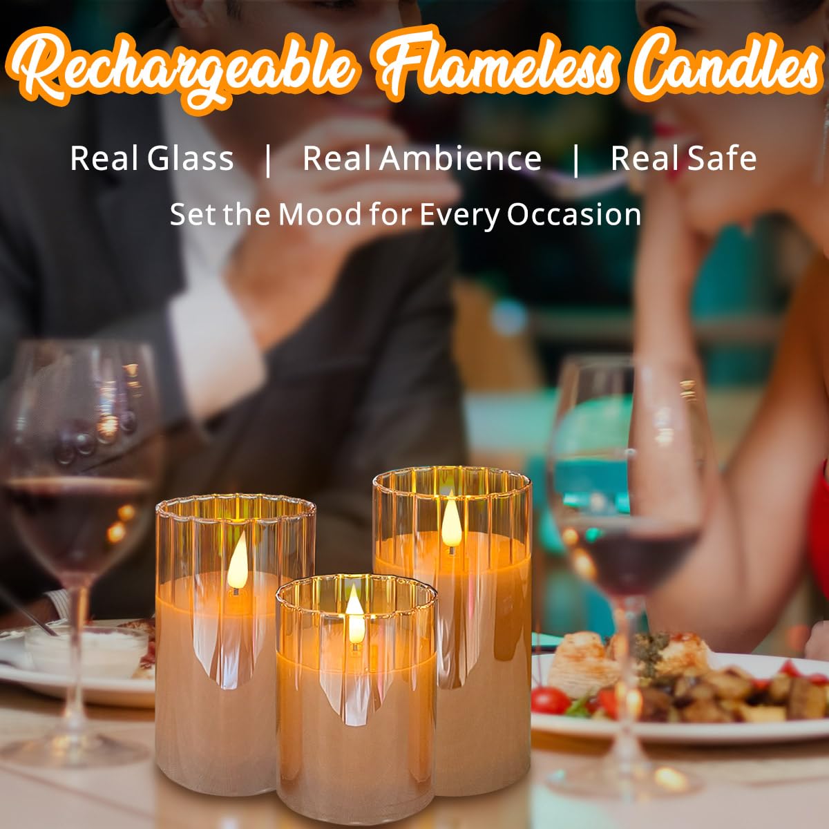 LEDHOLYT Rechargeable Flameless Candle, Flashing LED Pillar Real Wax Candle with Remote Control and Timer, Gold Stripes Glass Electronic Candles for Room Decoration, 1 Set of 3