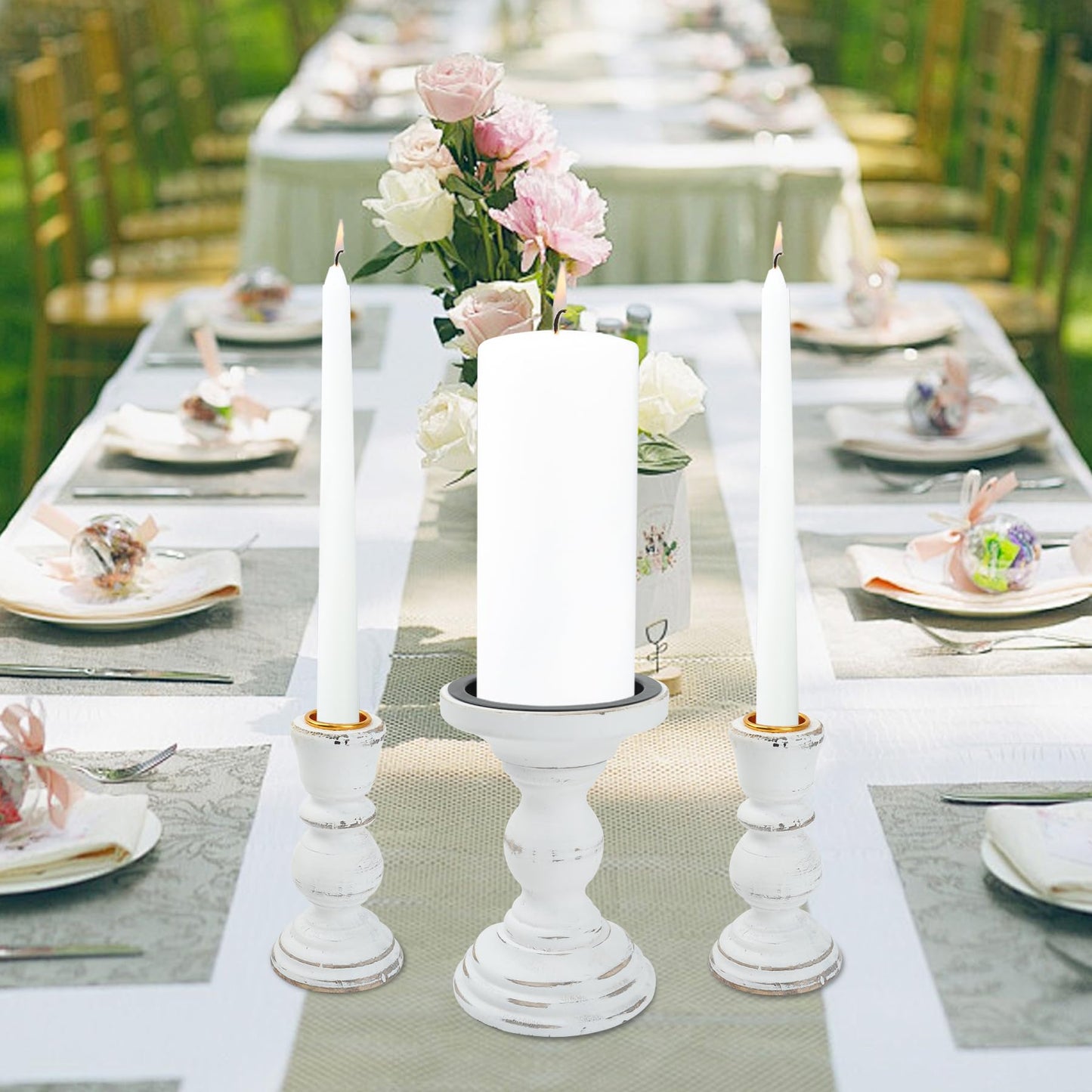 Unity Candle Holder - LIKEYO Wooden Unity Candle Holders for Weddings, Rustic Candlestick Set of 3, Wooden White Candlestick for Wedding Table Centerpiece Church Farmhouse Decor