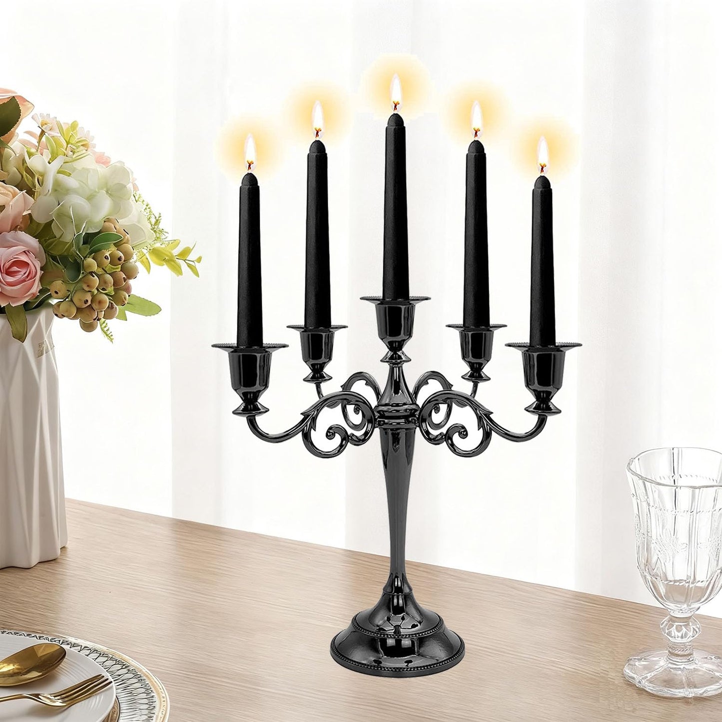 Metal Candelabra Candle Holder for Taper Candles, 5 Arms Black Candlestick Holders 10.24 inch Tall, Gothic Candle Stick Holder for Christmas Halloween Wedding Table Centerpiece Decoration