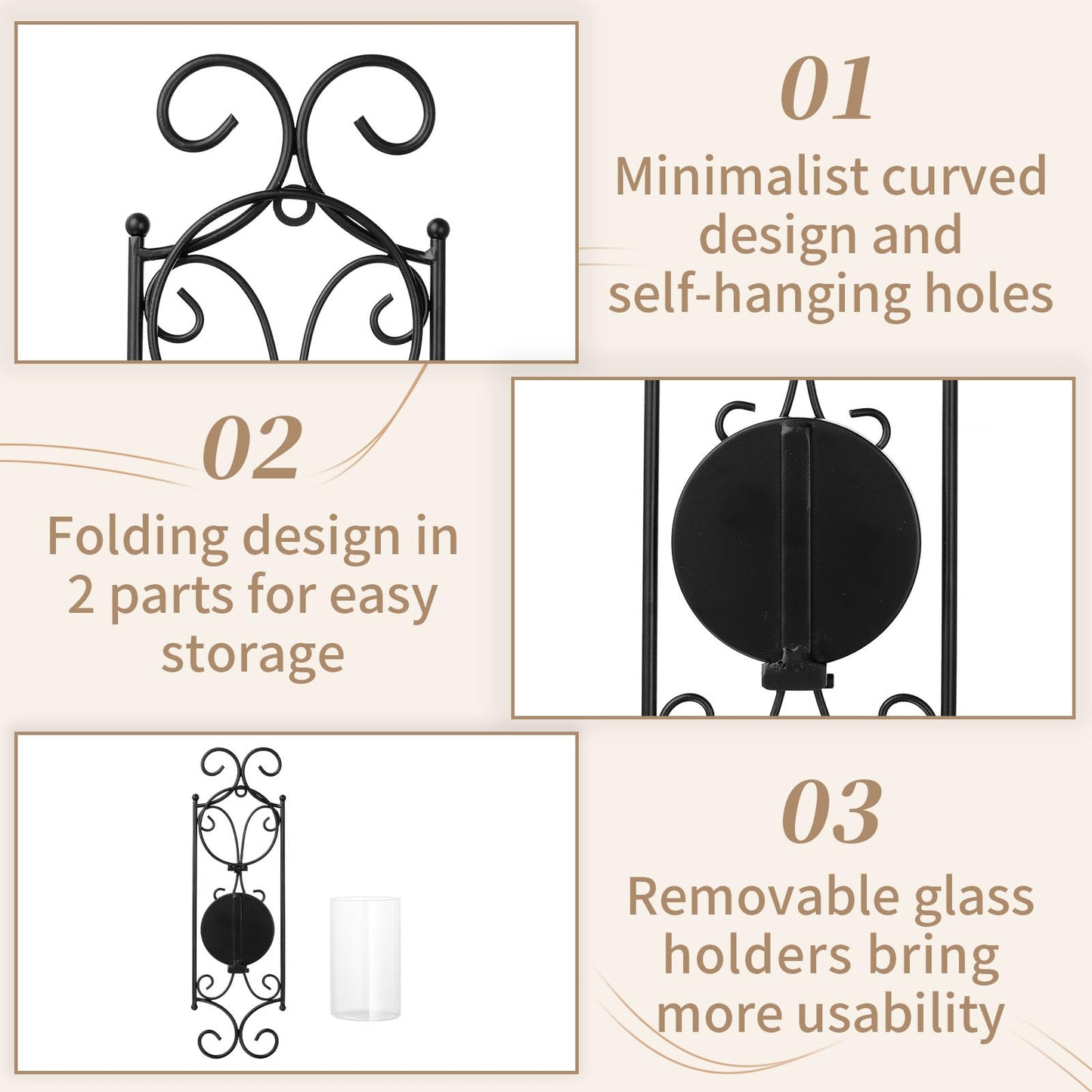 Sziqiqi Candle Sconces - Set of 2 Black Candle Holders for Pillar Contemporary Wall Decorations Sconce Decorative Metal Wall Art for Living Room Bedroom Bathroom Kitchen Dining Room