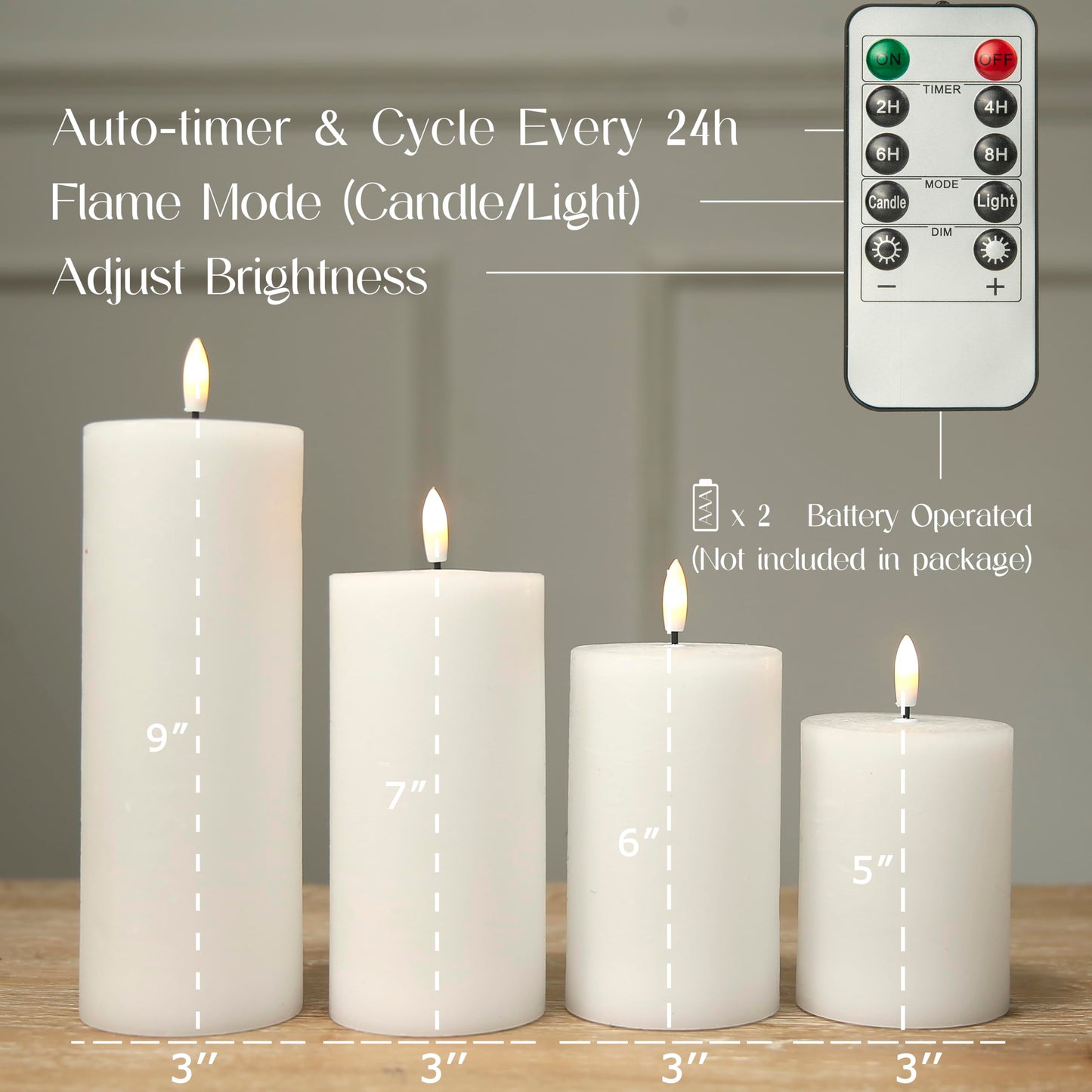 LUSHARBOR Flameless Candles, 4 Pack Battery Operated Candles with Remote, Real Wax LED Fake Candles with Timer Flickering for Christmas Wedding Home Party D3 H 5" 6" 7" 9" White