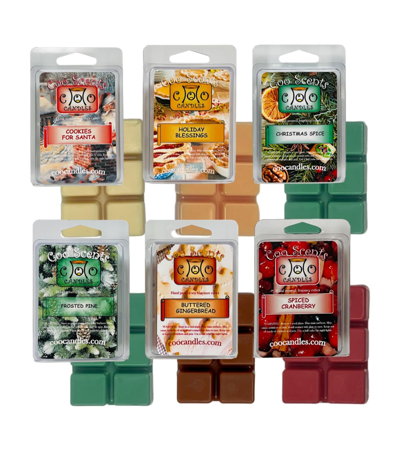 Christmas Wax Melts - Holiday Scented Wickless Soy Candle Melts for Wax Warmer - Pine, Spiced Cranberry, Gingerbread & More - Winter Themed Wax Cubes, Made in The USA - 6 Pack