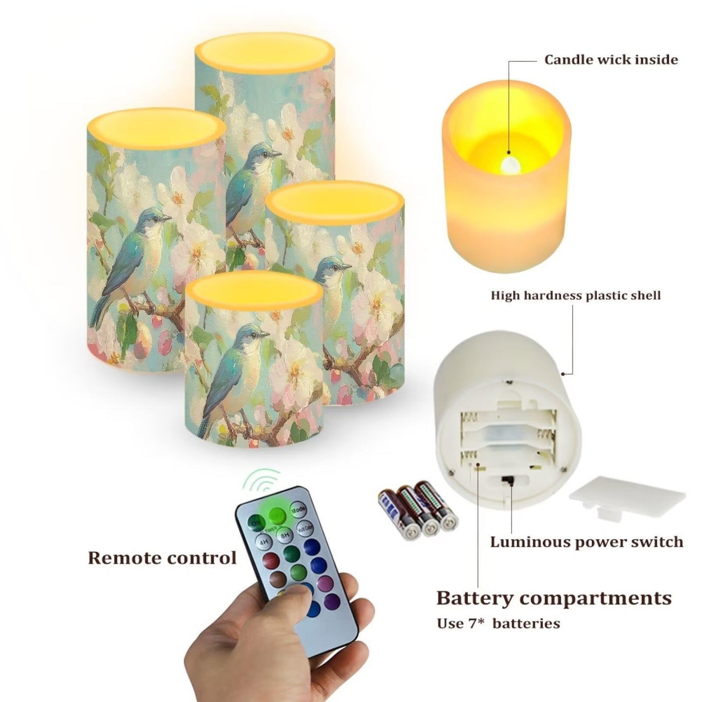 Cozeyat Spring Bloom LED Candles Set of 4 Battery Powered Flameless with Remote Timer Flickering Waterproof for Home Table Garden Beach Decoration