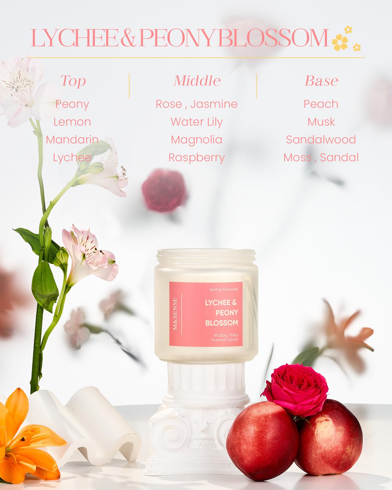 M&SENSE Lychee Peach Blossom Scented Candle, 70-Hour Burn Time & Non-Toxic Natural Soy Wax, 11.6oz 2-Wick Candle for Stress Relief & Spring Home Refresh, Floral Fruity Gift for Mom