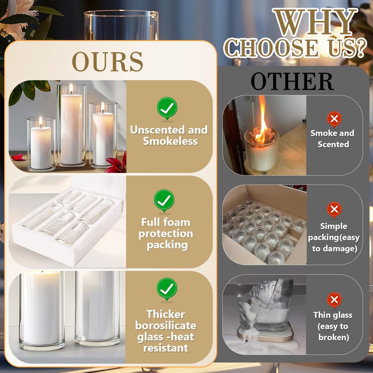 Homjoy 24 PCS White Pillar Candles with Glass Candle Holders Clear Hurricane Candle Holders Glass Cylinder Vases for Centerpieces Wedding Party, Event, Home Office (12 Candles+12 Candle Hoders)