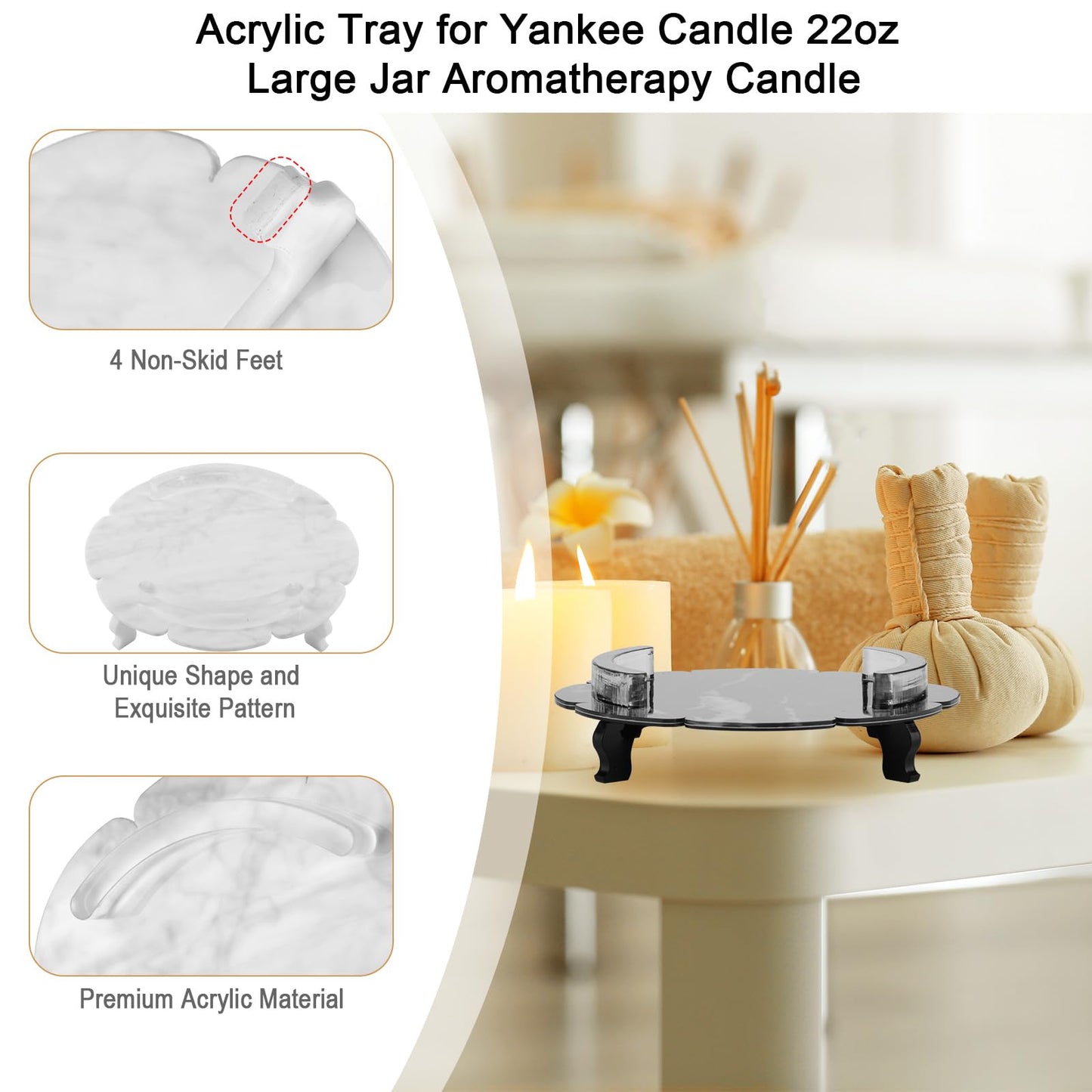 Beautyflier Scented Candle Holder Tray, Pedestal Candle Stand for Yankee Candle Classic 22oz Large Jar Single Wick Scented Candle, Marble Pattern Acrylic Candles Plate, Holder Only (Black, 2pcs)