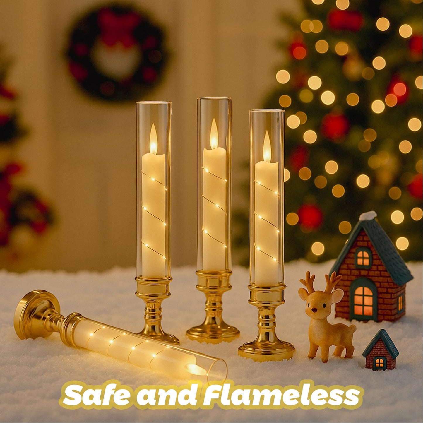 Prerish 6 PCS Flameless Candles with Timer, Flickering Flameless LED Pillar Candles for Romantic Ambiance with Embedded Star String, Acrylic Battery Perated Fake Candles for Home Decoration (Gold)