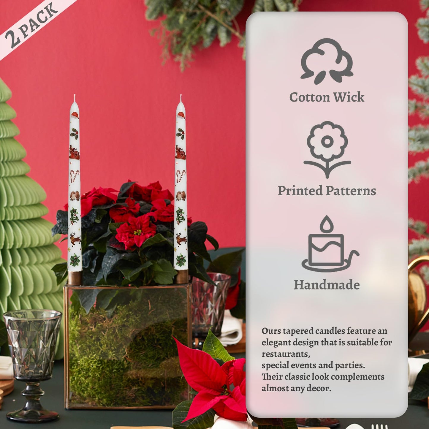 Floral Taper Candles 10 Inch Tall Unscented Handmade Christmas Deer Print Long Burning Elegant Candlesticks for Christmas Decor Gifts
