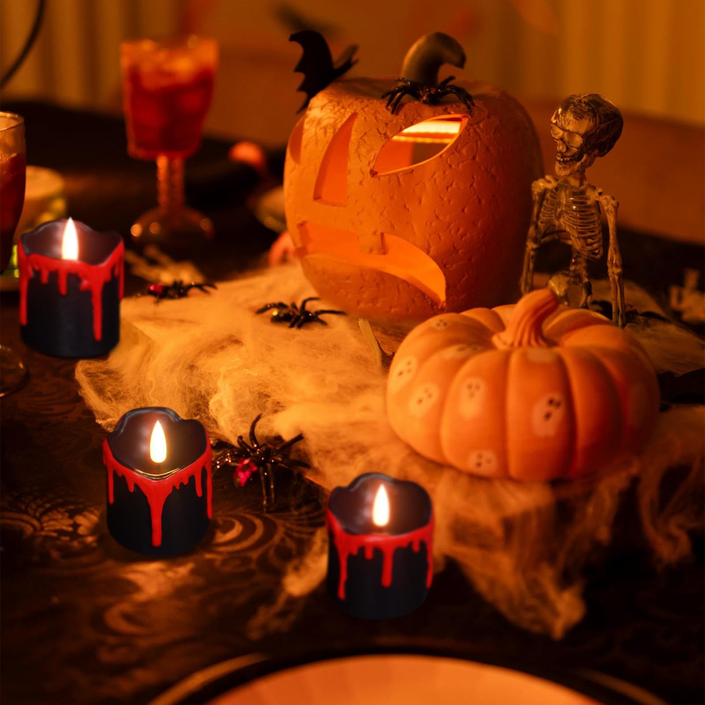KunSwenn Halloween Black Votive Candles Battery Operated with Long Lasting CR2450 Batteries, LED Flameless Flickering Candles with 6H Timer, 6Pcs Black and Red Drip Wax Candle Gothic Home Decor