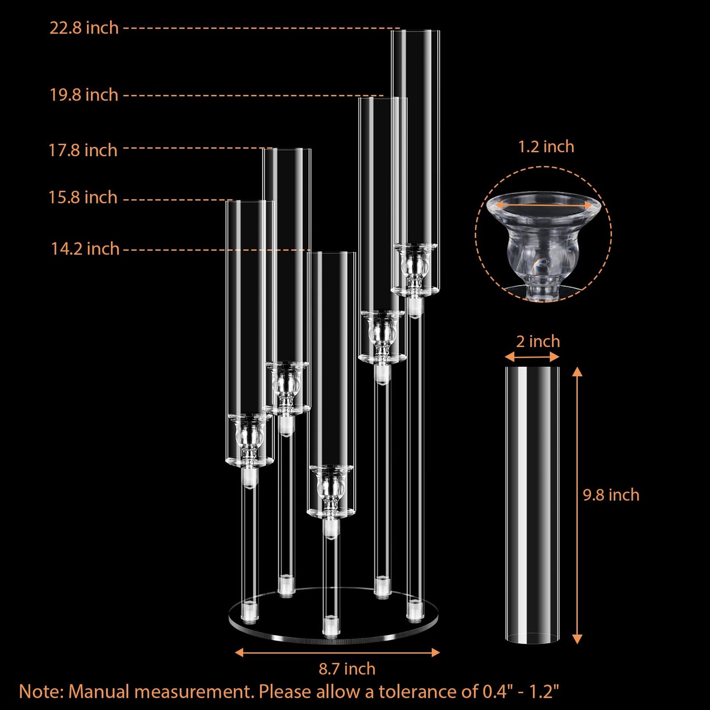 6 Sets 5 Arms Acrylic Candelabra Centerpieces for Tables,Clear Candle Holder for Wedding,Ceremony Dinner Party, 22.8" Tall Candlestick Holders with Lampshade,Fit LED Candle