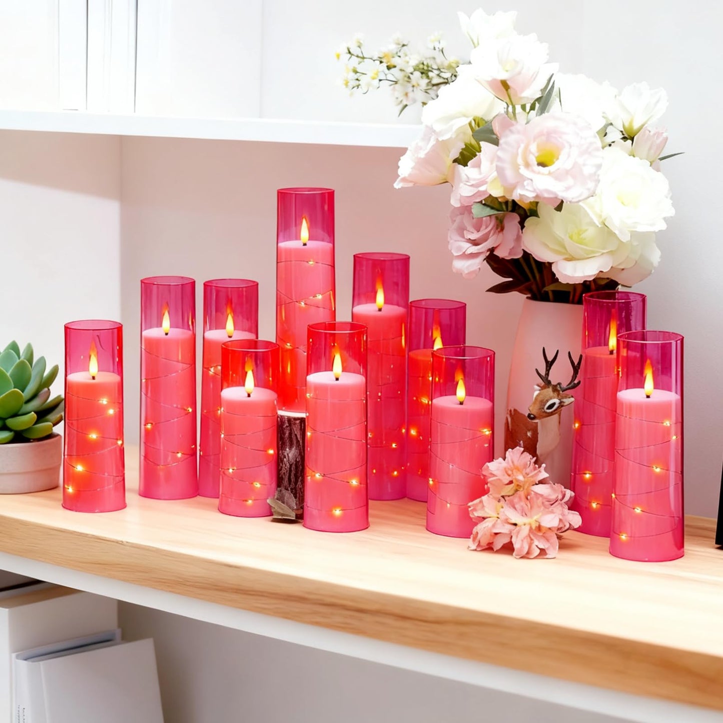 Sasigeiaa Flameless Candles with Embedded Star String - Battery Operated LED Candles, with Remote,12 Pink Flickering Candles for Christmas, Weddings, Home Decor & Party,(D 2.3"×H 5" 6" 7")