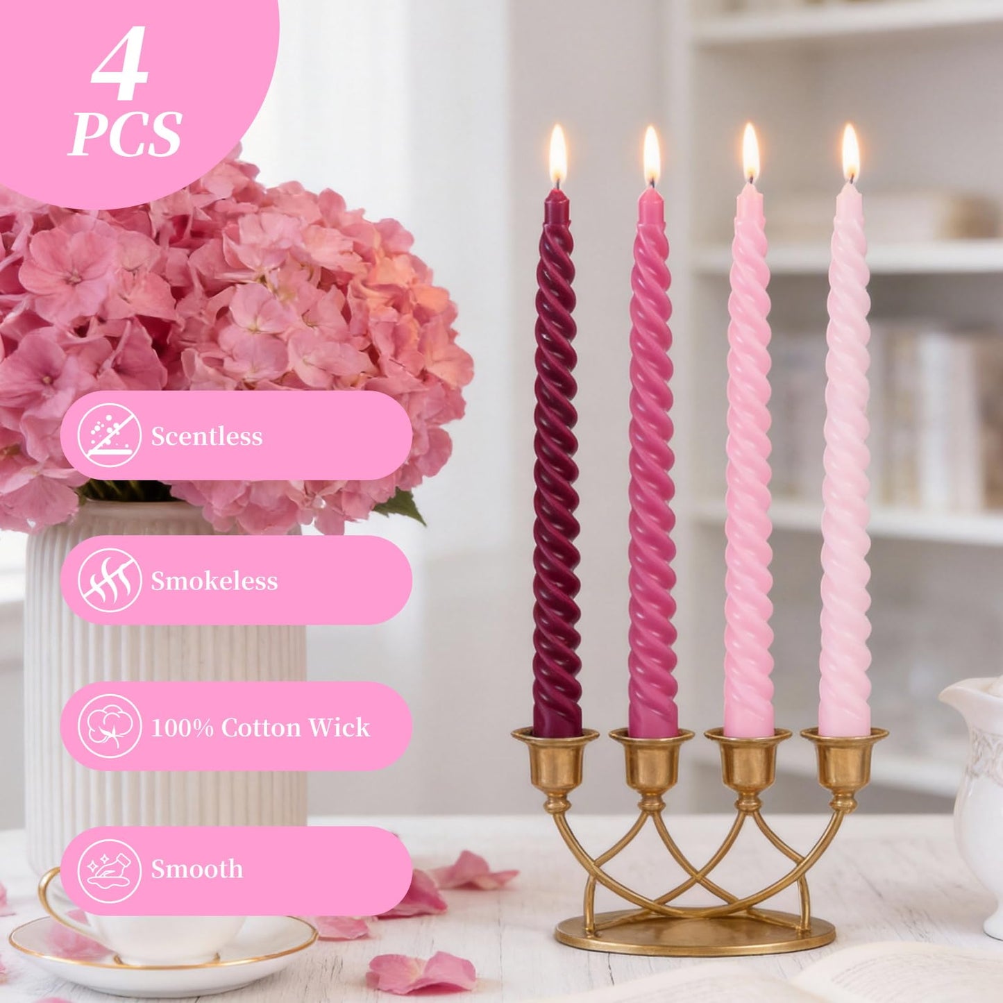Pink Spiral Taper Candles, 10 inch Gradient Twisted Candles,4 Pack Unscented and Smokeless Long Burning Candles with Cotton Wicks,Tall Candlesticks,Ideal for Weddings, Dinner Parties, and Home Décor