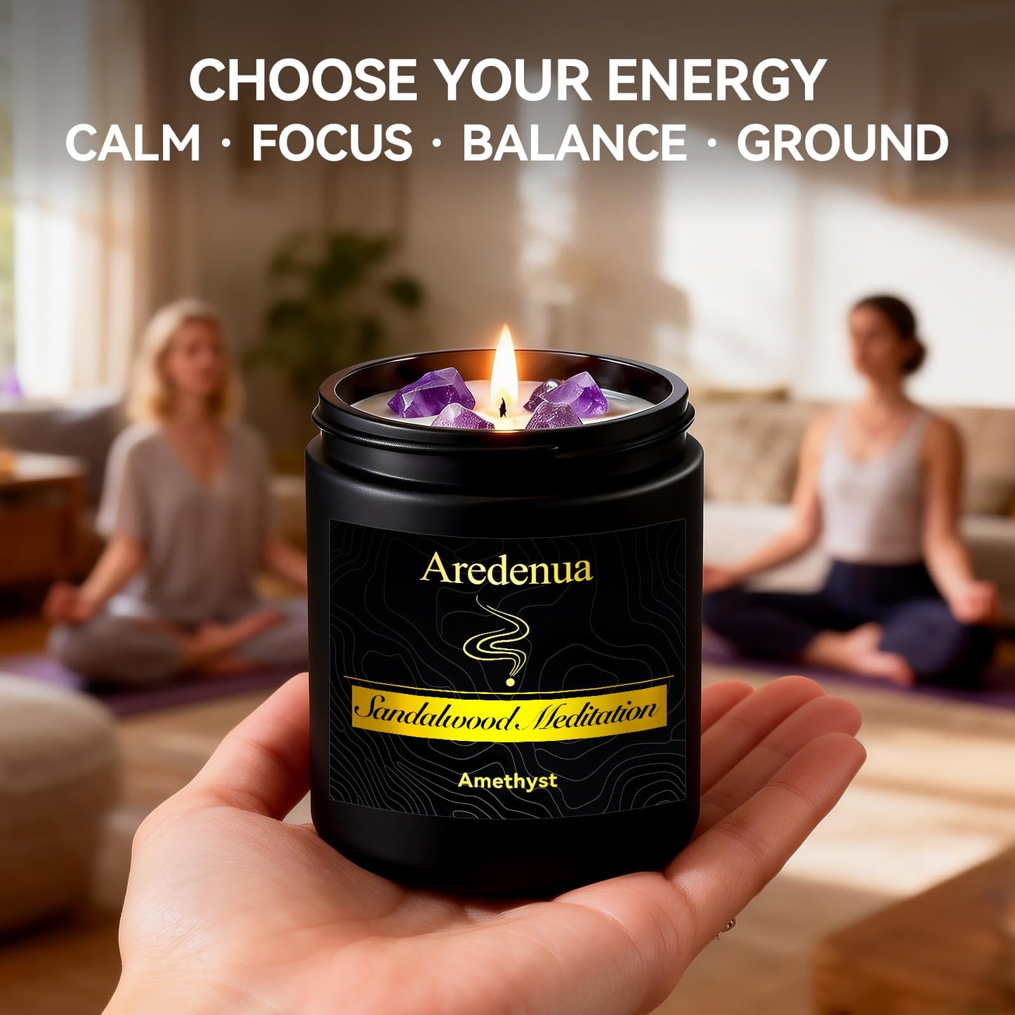 Aredenua Candle for Meditation and Spiritual Practice - Sandalwood Aromatherapy Candle with Amethyst Healing Crystal, Natural Soy Wax Scented Candle for Yoga Mindfulness, 7oz Long Lasting, Zen Gift