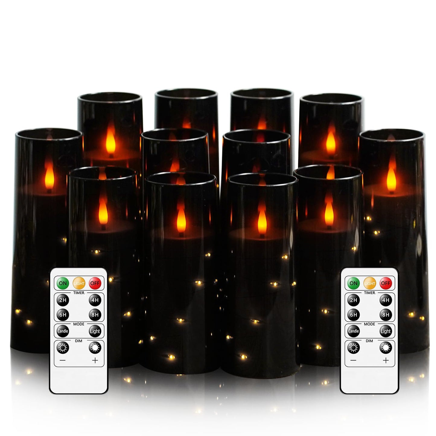 Sasigeiaa Flameless Candles with Embedded Star String - Battery Operated LED Candles, with Remote,12 Black Flickering Candles for Christmas, Weddings, Home Decor & Party,(D 2.3"×H 5" 6" 7")