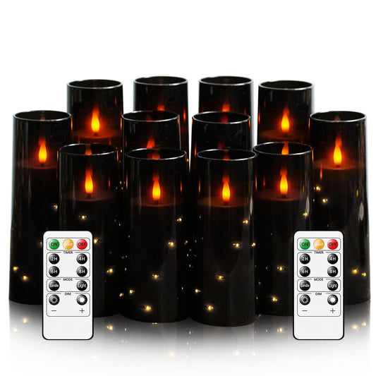 Sasigeiaa Flameless Candles with Embedded Star String - Battery Operated LED Candles, with Remote,12 Black Flickering Candles for Christmas, Weddings, Home Decor & Party,(D 2.3"×H 5" 6" 7")