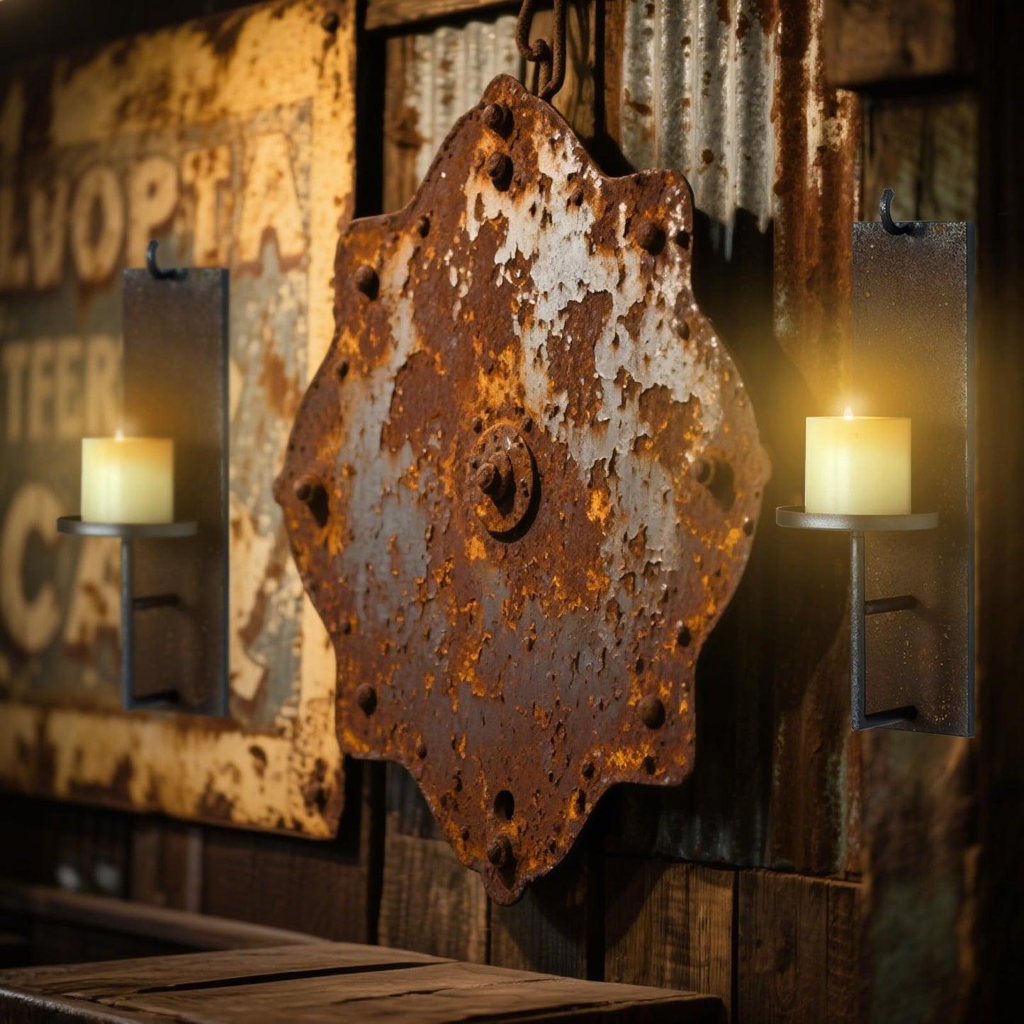 Woparty Set of 2 Vintage Wall Candle Sconce, Distressed Iron Metal, 15.6 x 3.9 inches, Rustic Farmhouse Style