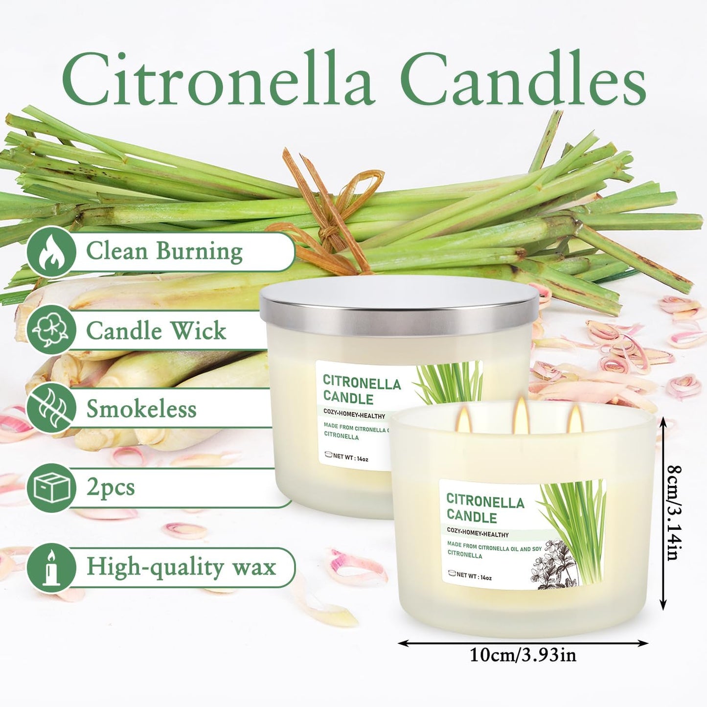 Citronella Candle Set of 2, 14oz Frosted Jar Triple-Wick, Clean & Smokeless for Outdoor Patio, Garden, Deck, Porch Ambiance with Natural Citronella Scent
