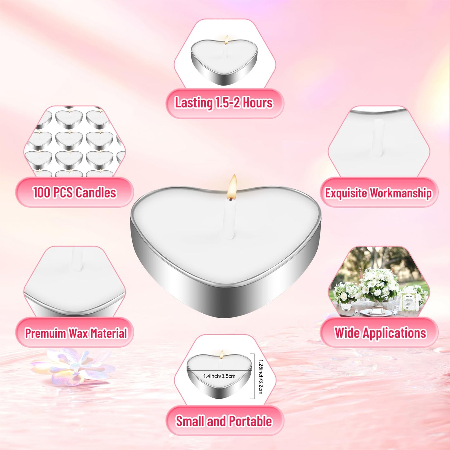JEFHOMKIT 100 Set Wedding Favors - Heart Shaped Tealight Candles and Thank You Cards with Organza Bags