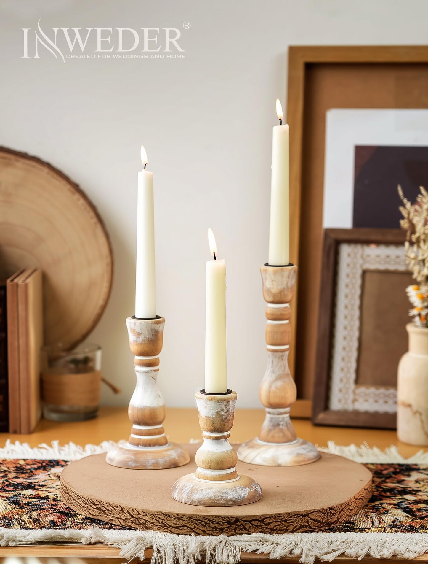 Inweder Wooden Candlestick Holders Rustic: Farmhouse Wood Taper Candle Holders Boho Candle Sticks Holder Fall Decor for Dinning Table Mantle Party Holiday Christmas Wedding Home Set of 3