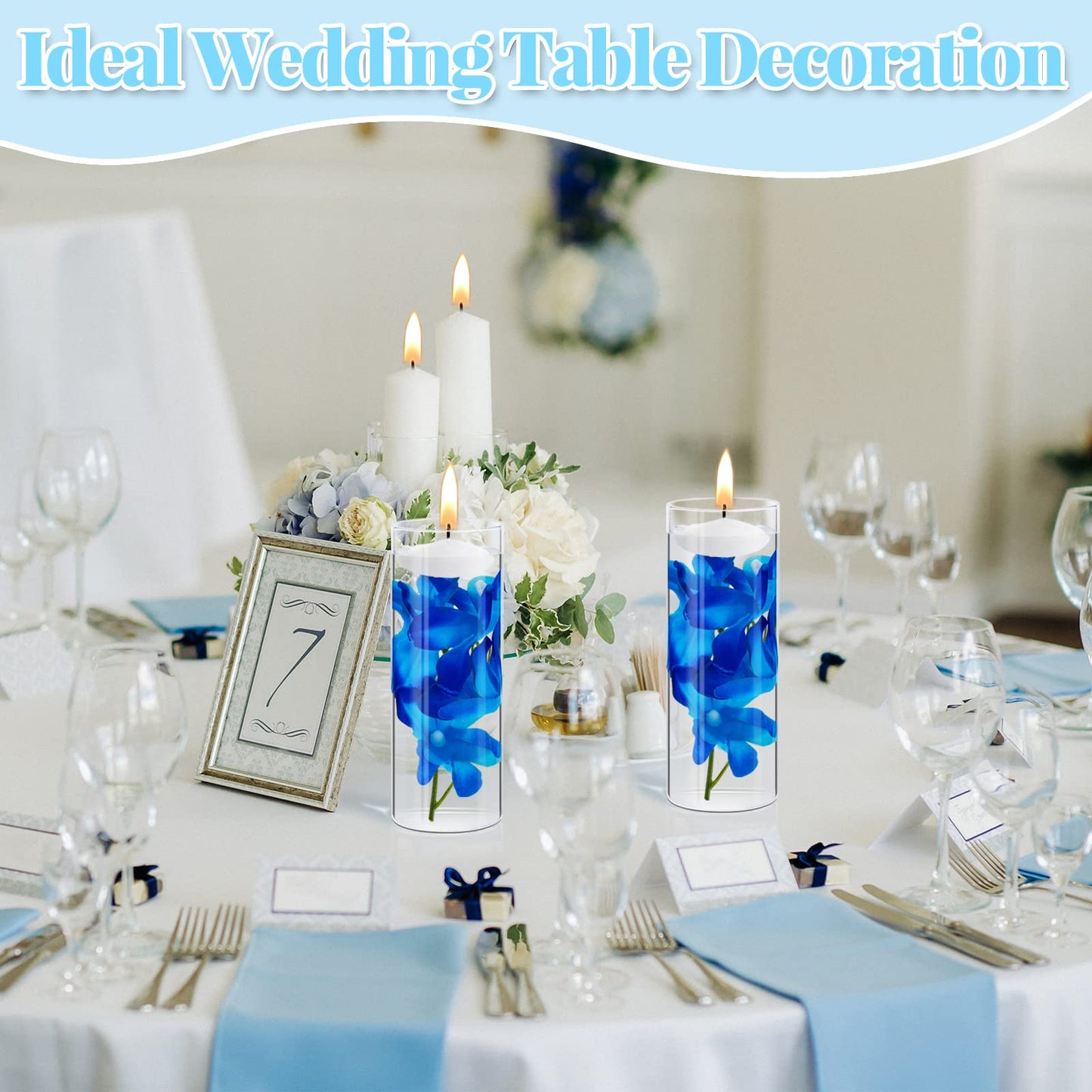 Hanaive 42 Pcs Blue Orchids Artificial Flower Vase Fillers for Floating Candles Wedding Table Centerpiece Blue Orchid and Unscented Floating Candles for Wedding Table Christmas Party Home Decoration