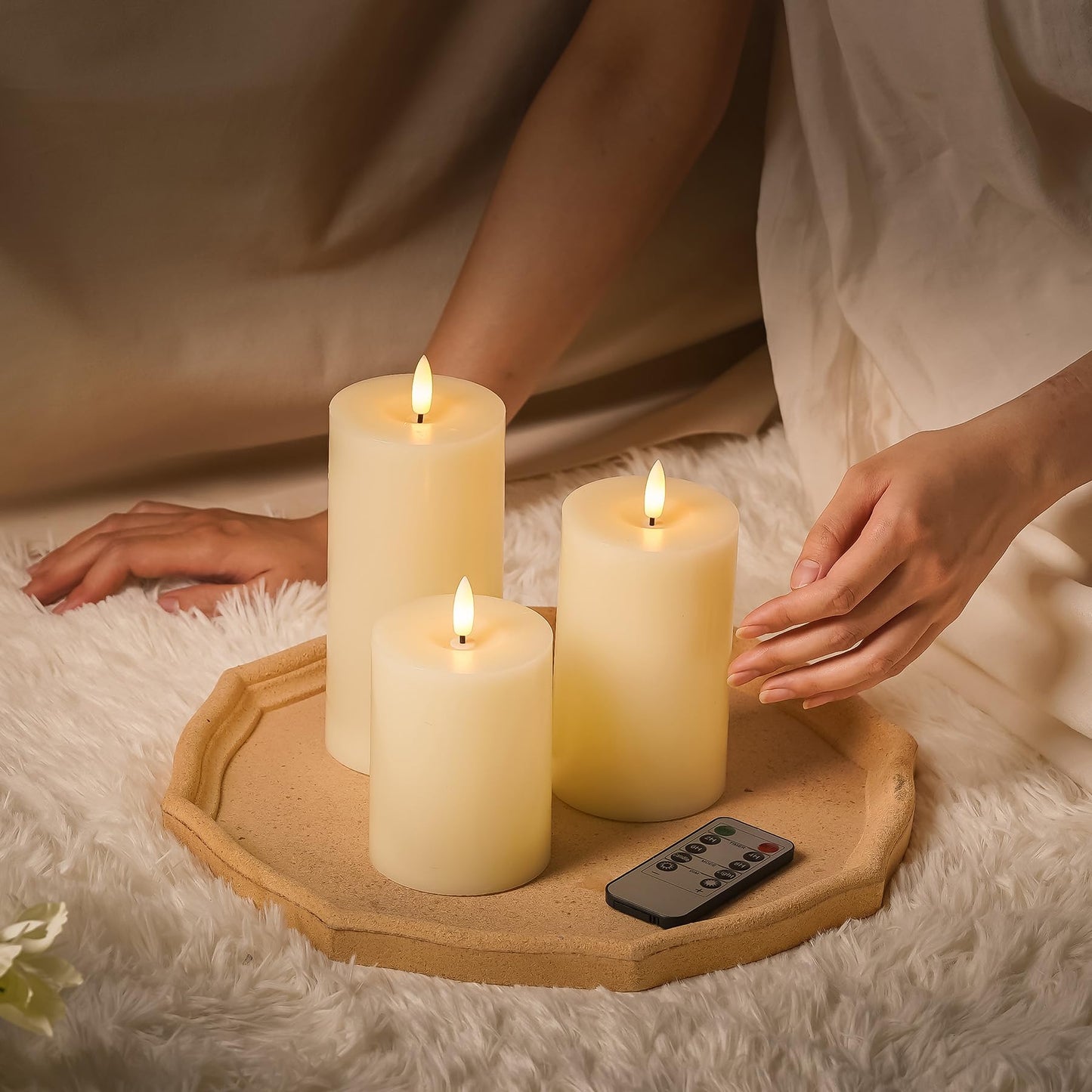 Stmarry Ivory Flameless Candles with Remote and Timer, Real Wax Made LED Pillar Candles Battery Operated with 3D Flickering Flame - 3" x 4",5",6" - Set of 3