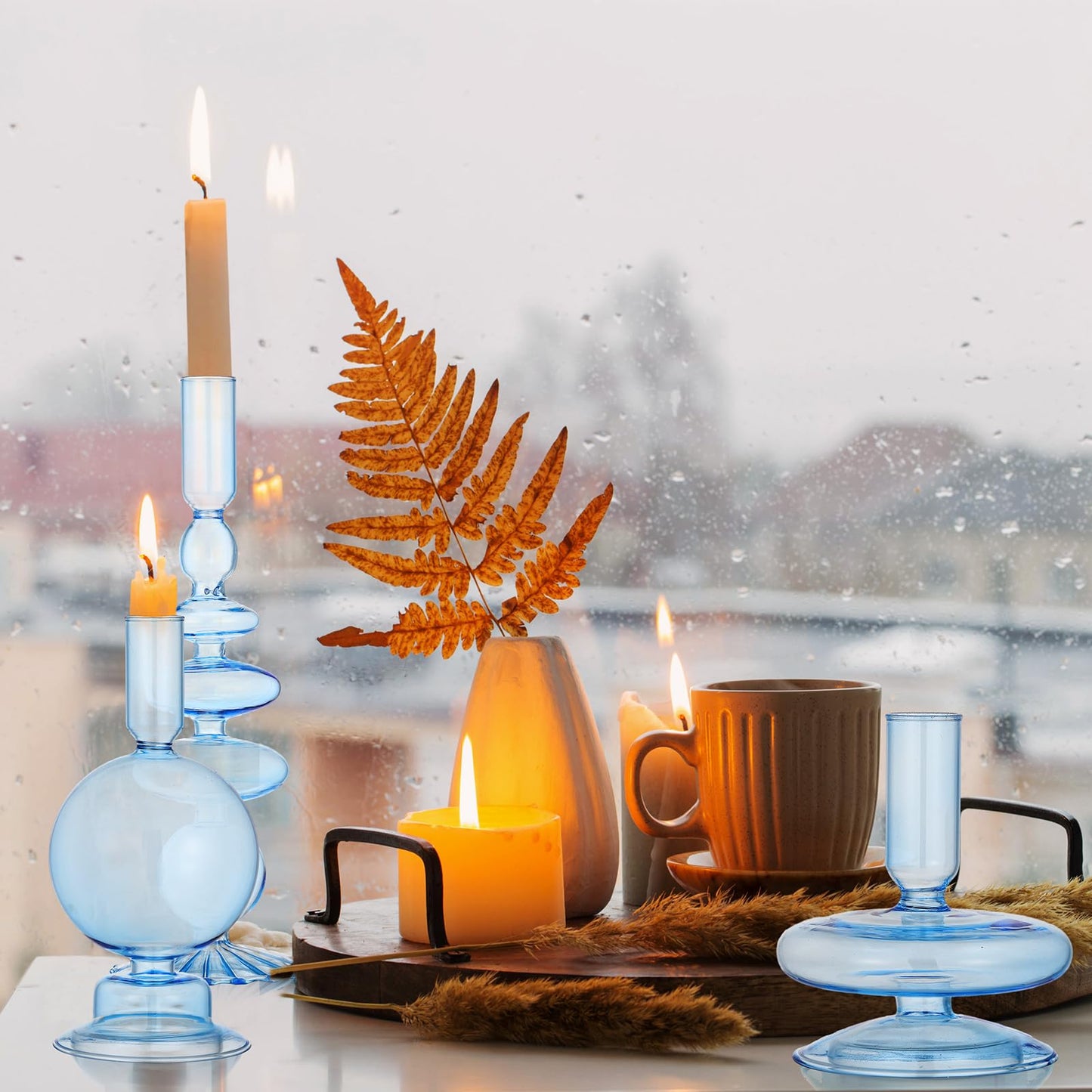 Rtteri 3 Pcs Glass Candlestick Holders Glass Candle Holders Groovy Wavy Elegant Taper Candle Stick for Wedding Home Birthday Party Easter St Patricks Day Decoration Windowsill Decor(Light Blue)