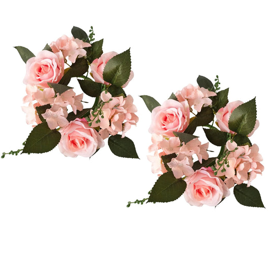 2PCS Artificial Roses Candle Rings Wreaths 4 Inch Center for Pillars Wedding Centerpiece Table Decorations Fake Rose Eucalyptus Leaves Floral Candle Ring for Holiday Party Supplies (Pink)