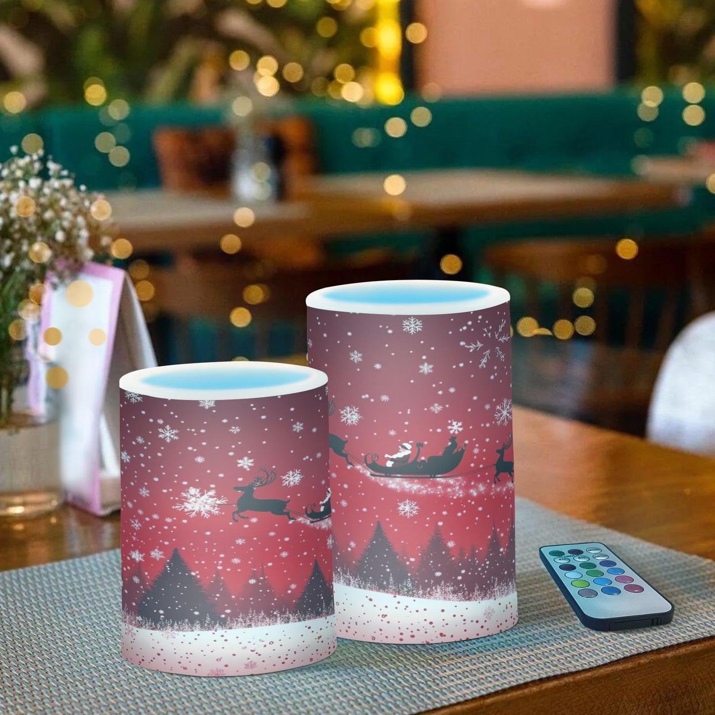 Eionryn Christmas Reindeer Santa Sleigh Red Sky Flameless Candles Battery Operated LED Candles with Remote Timer Electric Candles for Home Party Decor 2pcs