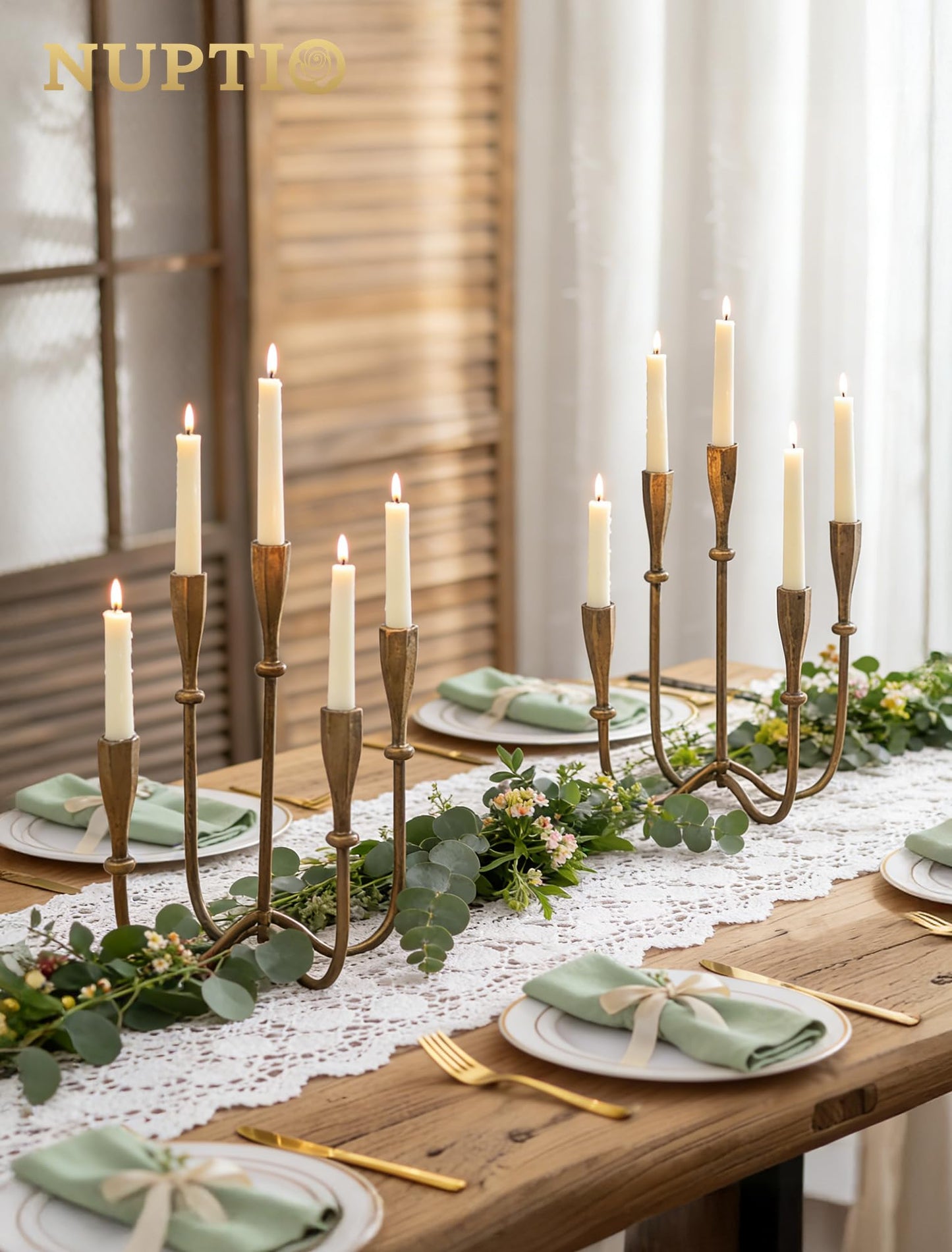 NUPTIO Iron Taper Candle Holders: Gold Tall Candelabra for Candlestick - Antique Brass Candle Stick Holder 5 Arm for Thanksgiving Christmas Fireplace Table Centerpiece