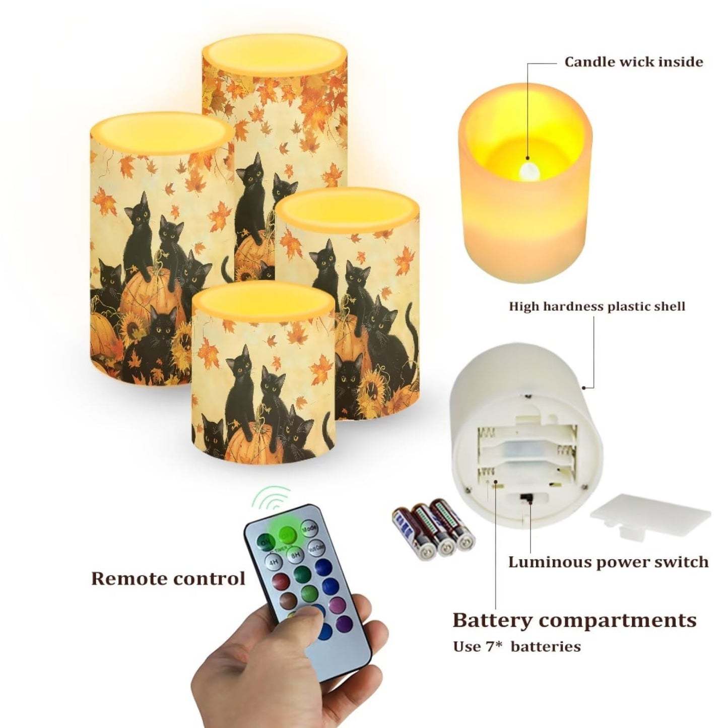NETILGEN 4 Pcs Flickering Flameless LED Candles with Remote Timer Control Long Lasting Pillar Candles for Thanksgiving Day Decor Maple Leaf Black Cat Print