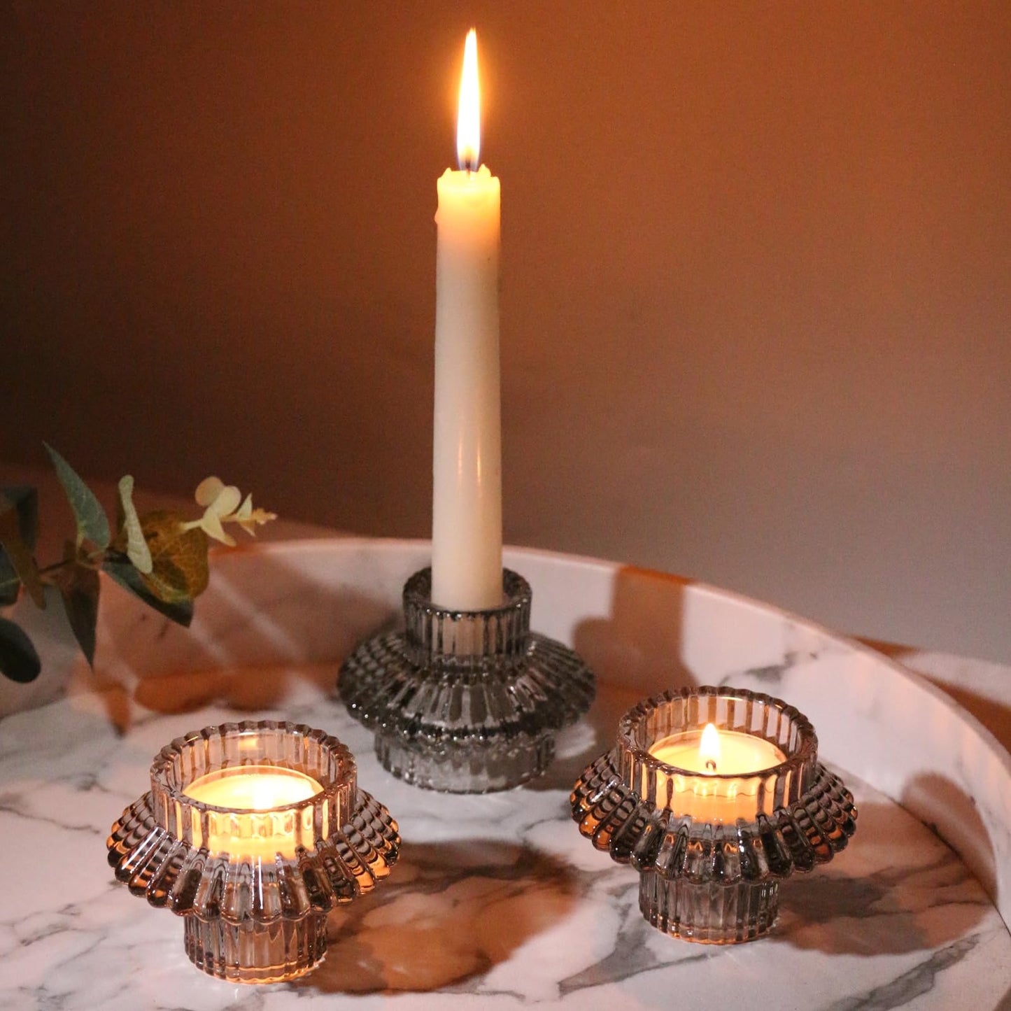 CHOCSTAY Reversible Candlestick Holders Set of 3, Gray Glass Taper and Tealight Candle Holders for Table Centerpiece, Wedding, Party, Home Decor