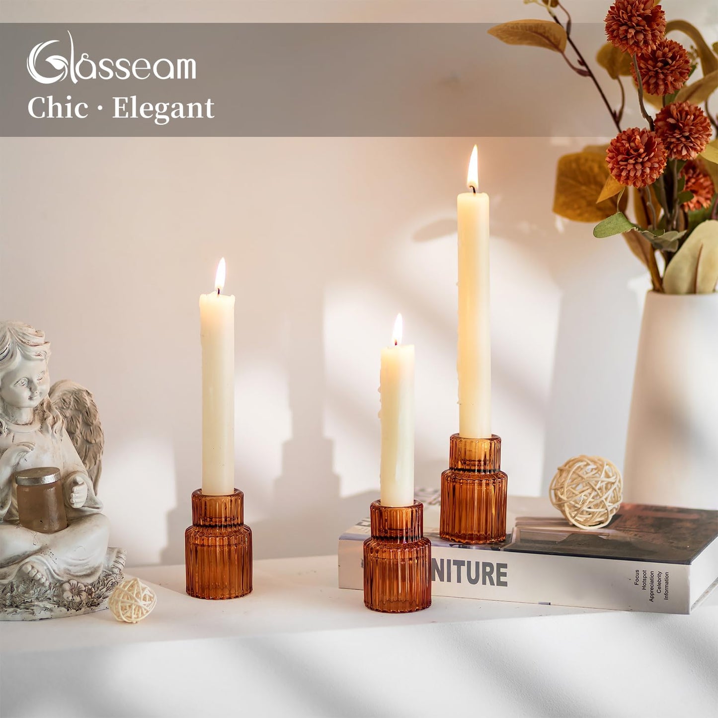Glasseam Glass Tapered Candlestick Holders: Amber Ribbed Set of 2 for Table Centerpiece, Fall Decor, Christmas Party, Halloween, Thanksgiving