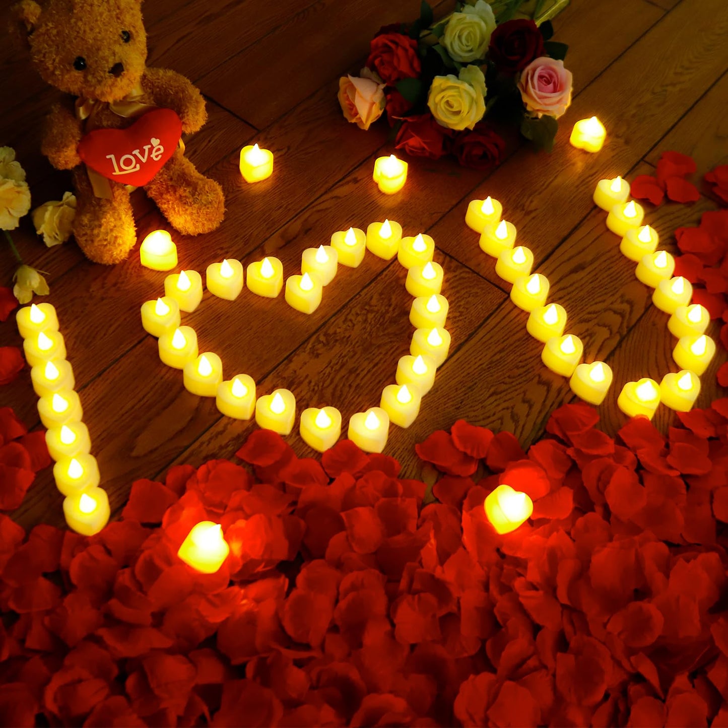 JMUQ 9000 Pieces Artificial Rose Petals with 96 Pieces Romantic Heart Led Tealight Candles, Rose Petals and Candles Set for Weddings Anniversaries Proposals Decor(Warm White Light)