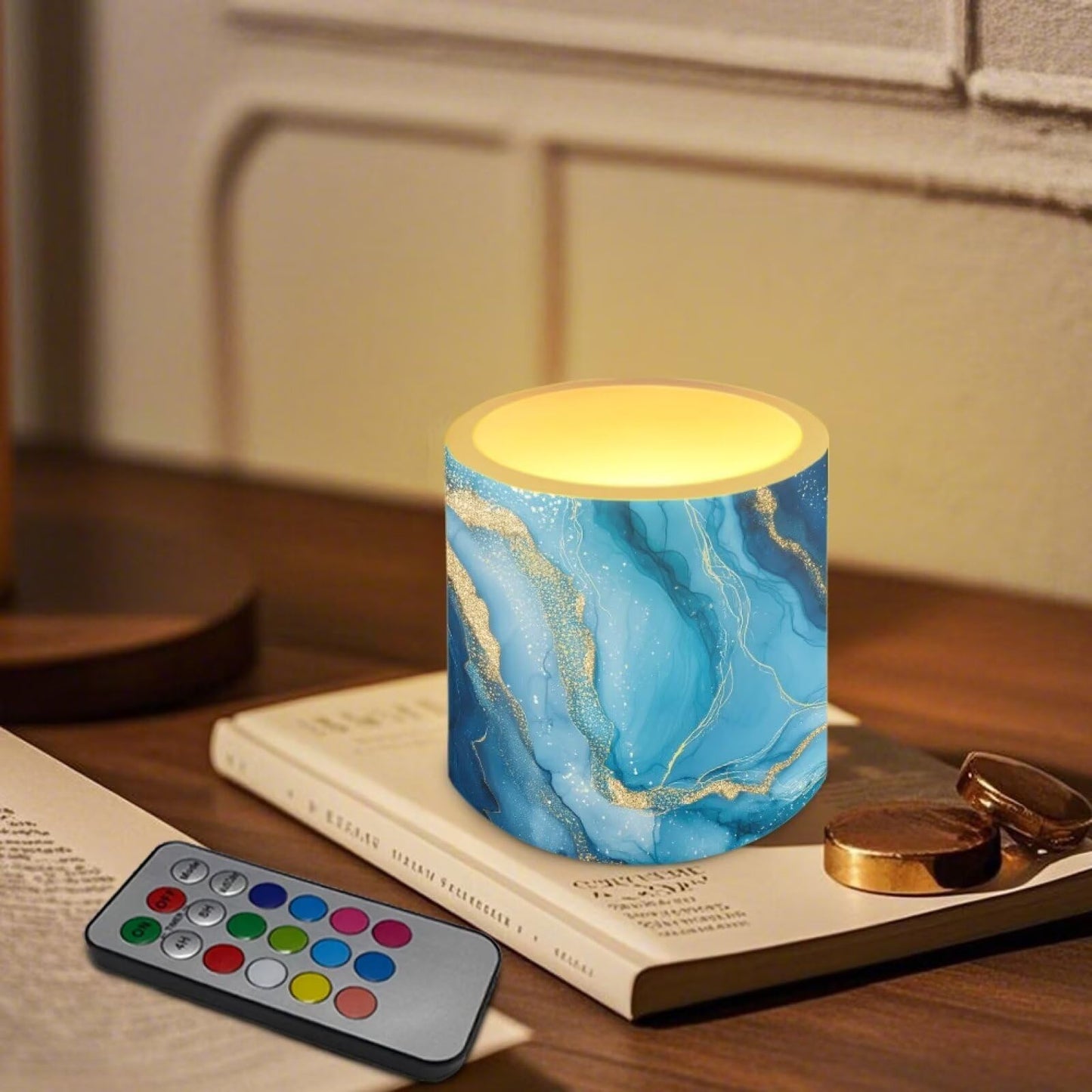 Cozeyat Blue Marble LED Candles Set of 4 Battery Powered Flameless with Remote Timer Waterproof Flickering Pillar Candles for Home Patio Garden