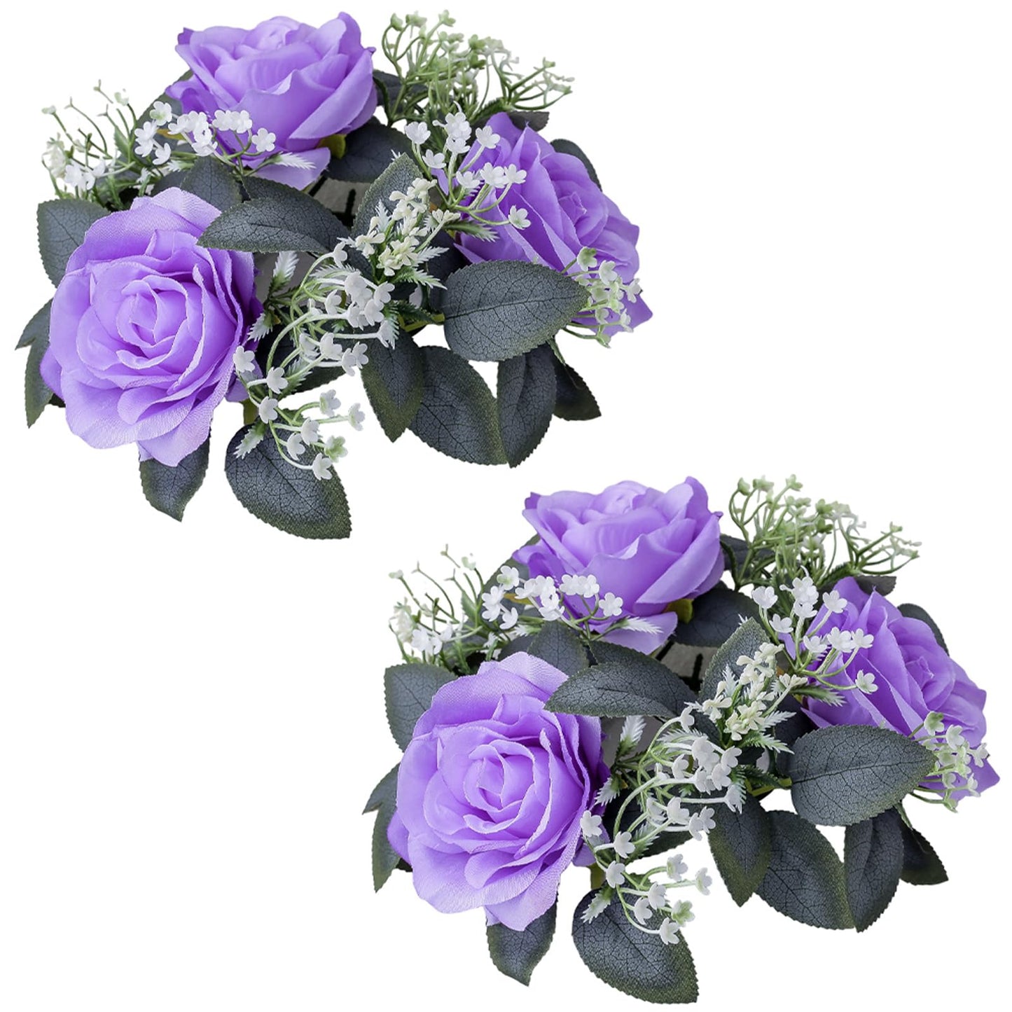 2 Pack Artificial Rose Candle Rings,Floral Wreaths with Eucalyptus Leaves Greenery Garland for Pillar Candle Lantern Wedding Centerpiece Party Home Table Decor (Purple)