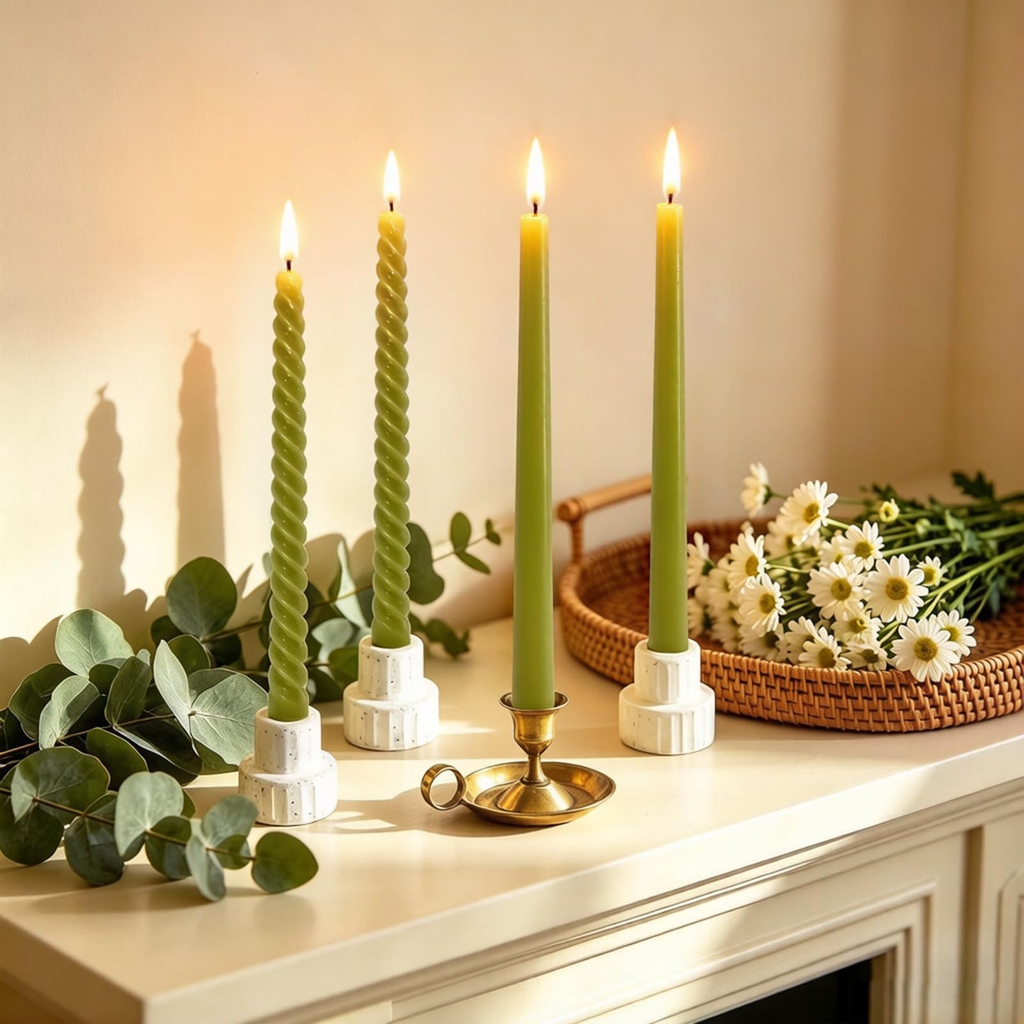 Whaline 6 Pack Olive Green Taper Candles and 6 Pack Spiral Candles Set 10 Inch Elegant Dripless Twisted Wax Candle Long Unscented Candlesticks for Spring Wedding Dinner Party Home Table Decor