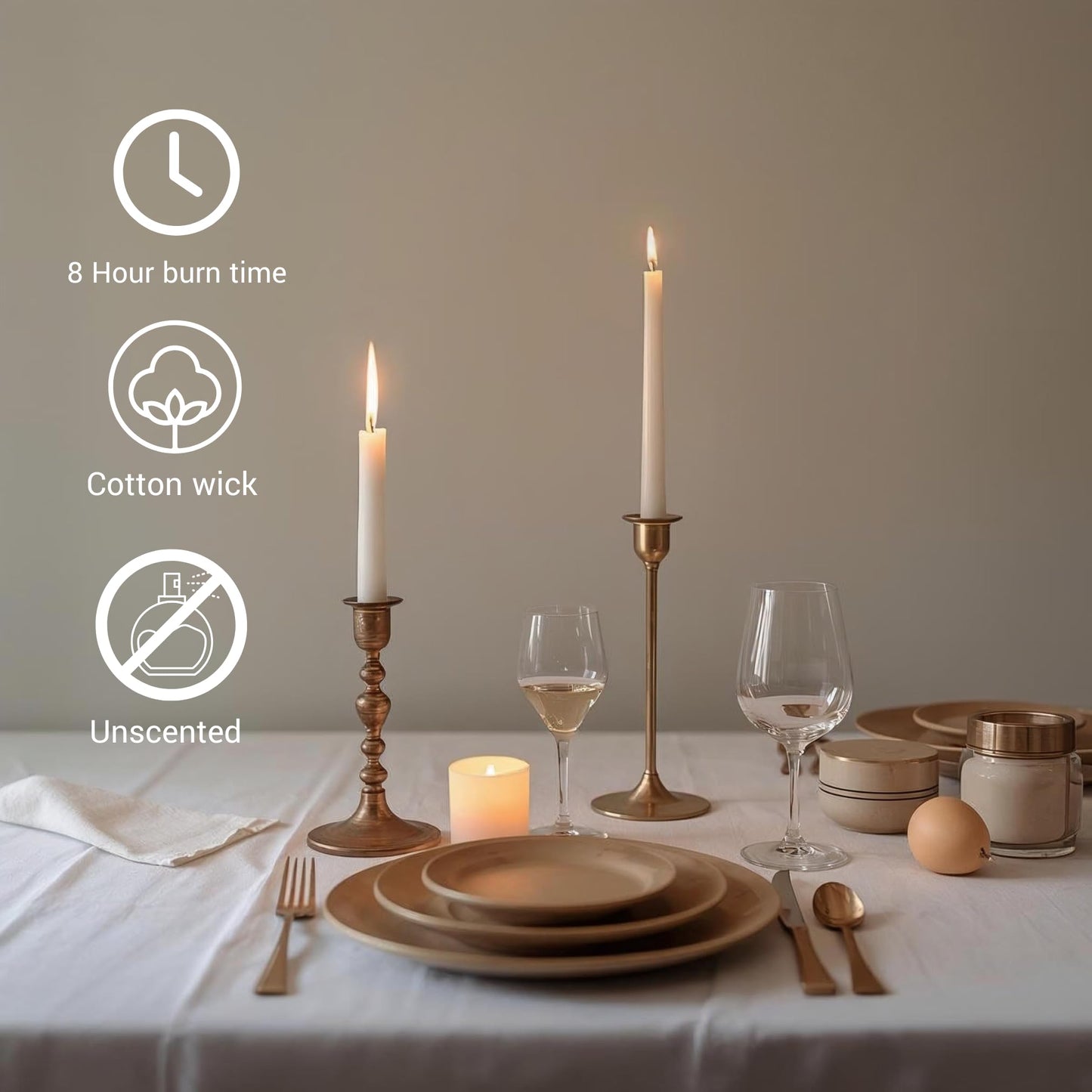 Tapered Dinner Candles - Soy & Paraffin Blend, Dinner Candles with Long-Lasting 7-Hour Burn for Stylish Homes - Candle in Curated Colors Ideal Gift for Hosts, Brides & Event Planners-Ivory