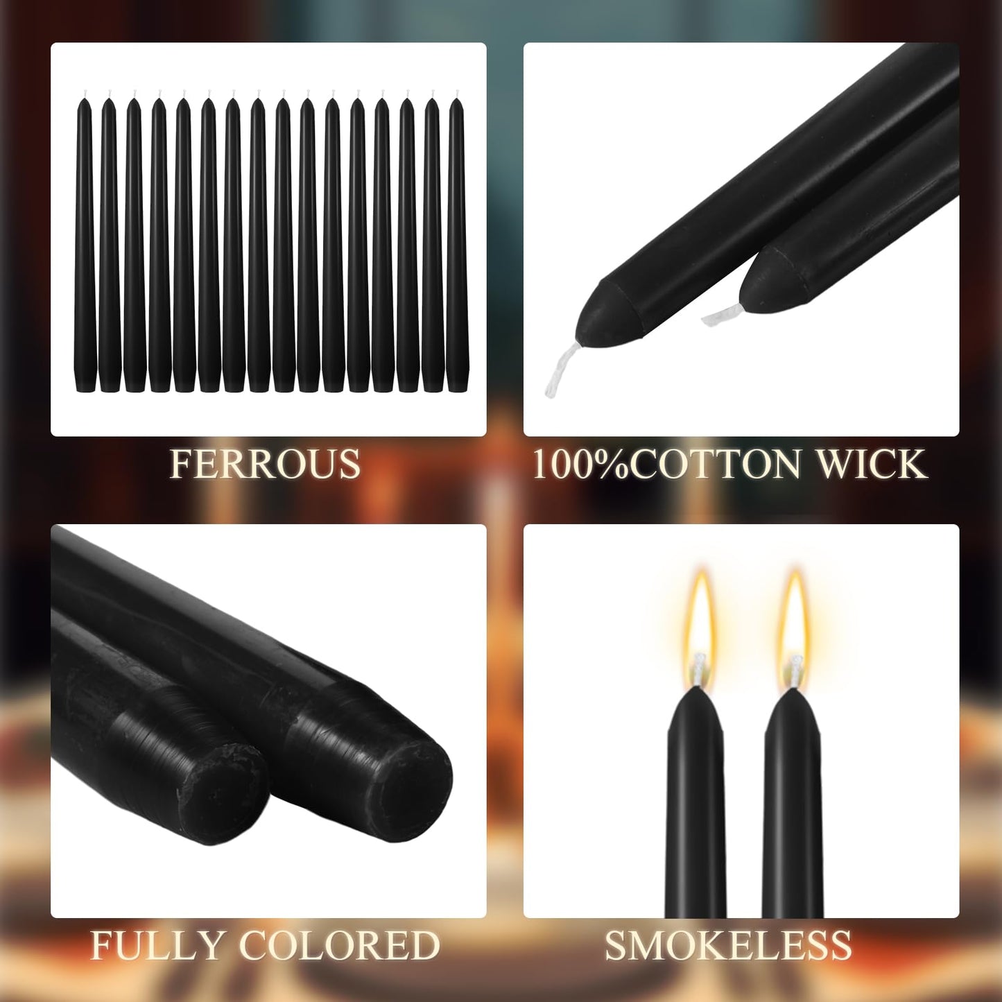 MTLEE 16 Pcs 10 Inch Long Tapered Candle Stick Bulk Smokeless Unscented Burning Candlestick Paraffin Wax with Cotton Wick for Valentine's Day Baby Shower Wedding Holiday Party Church (Black)