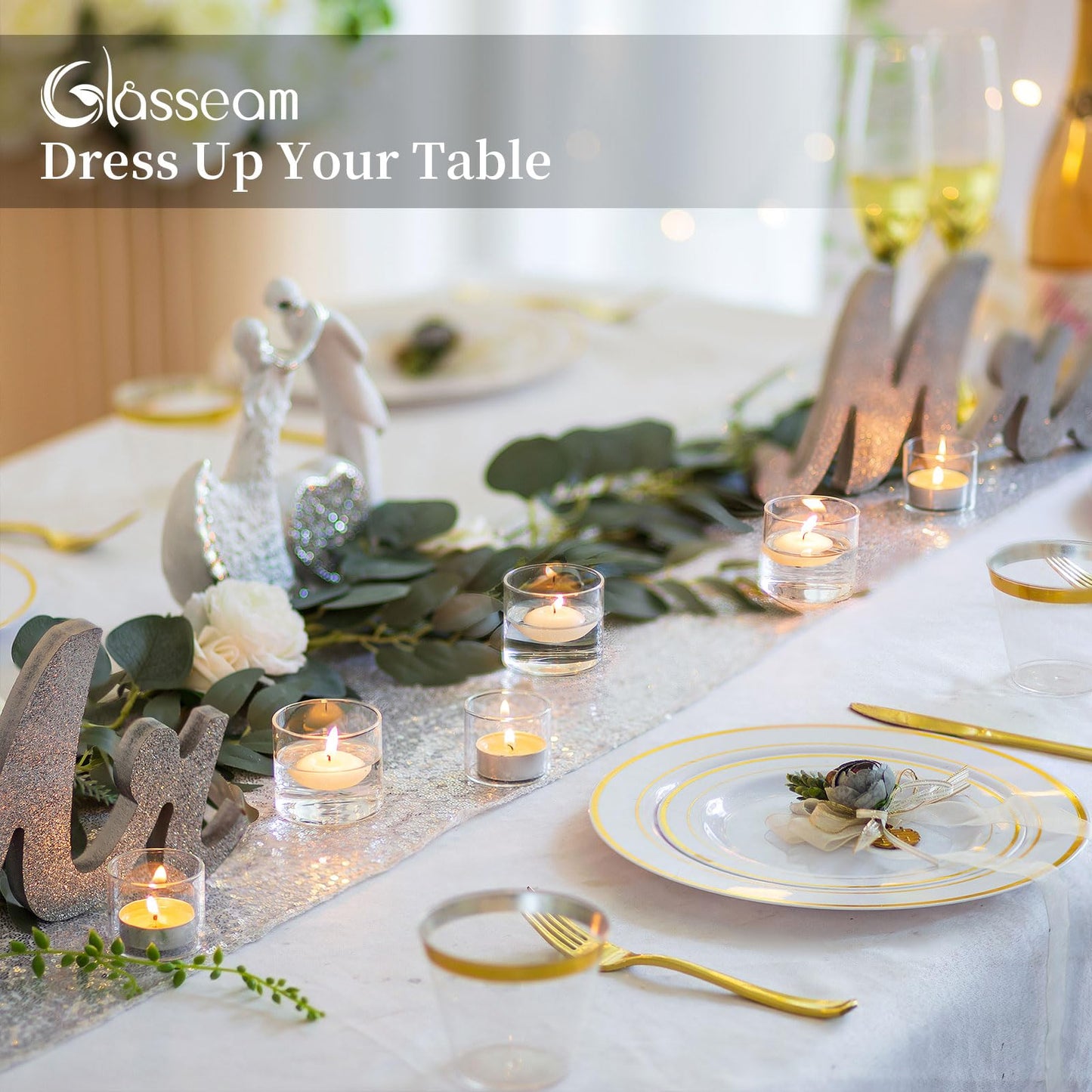 Glasseam Clear Votive Candle Holders Bulk - Set of 48 Small Tealight Holders for Floating Candles, Wedding Centerpieces and Table Decoration