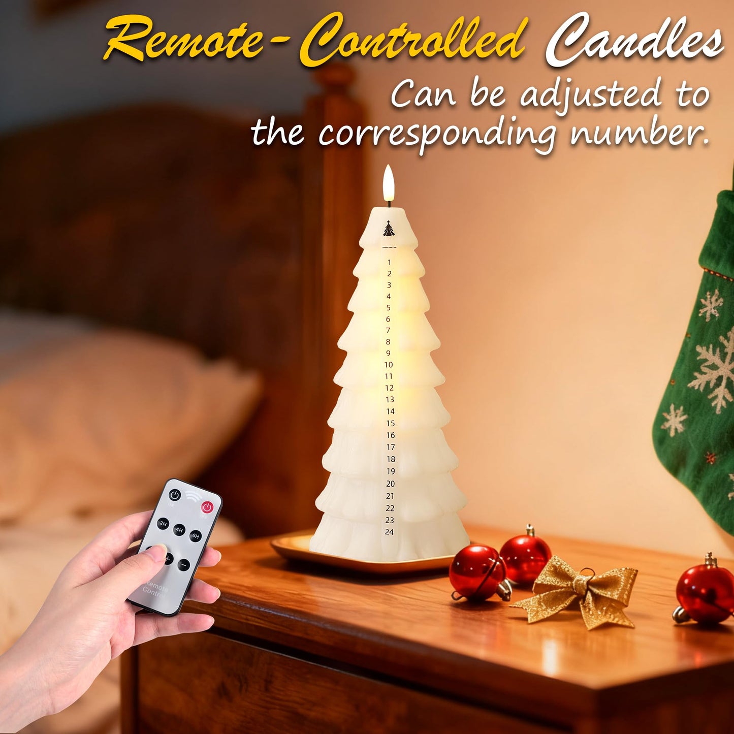 Flameless Christmas Countdown Candles with Remote, 3D Flickering Flame Christmas Tree Battery Operated LED Advent Calendar Candle, 24-day Automatic Xmas Countdown, Christmas Decoration for Home