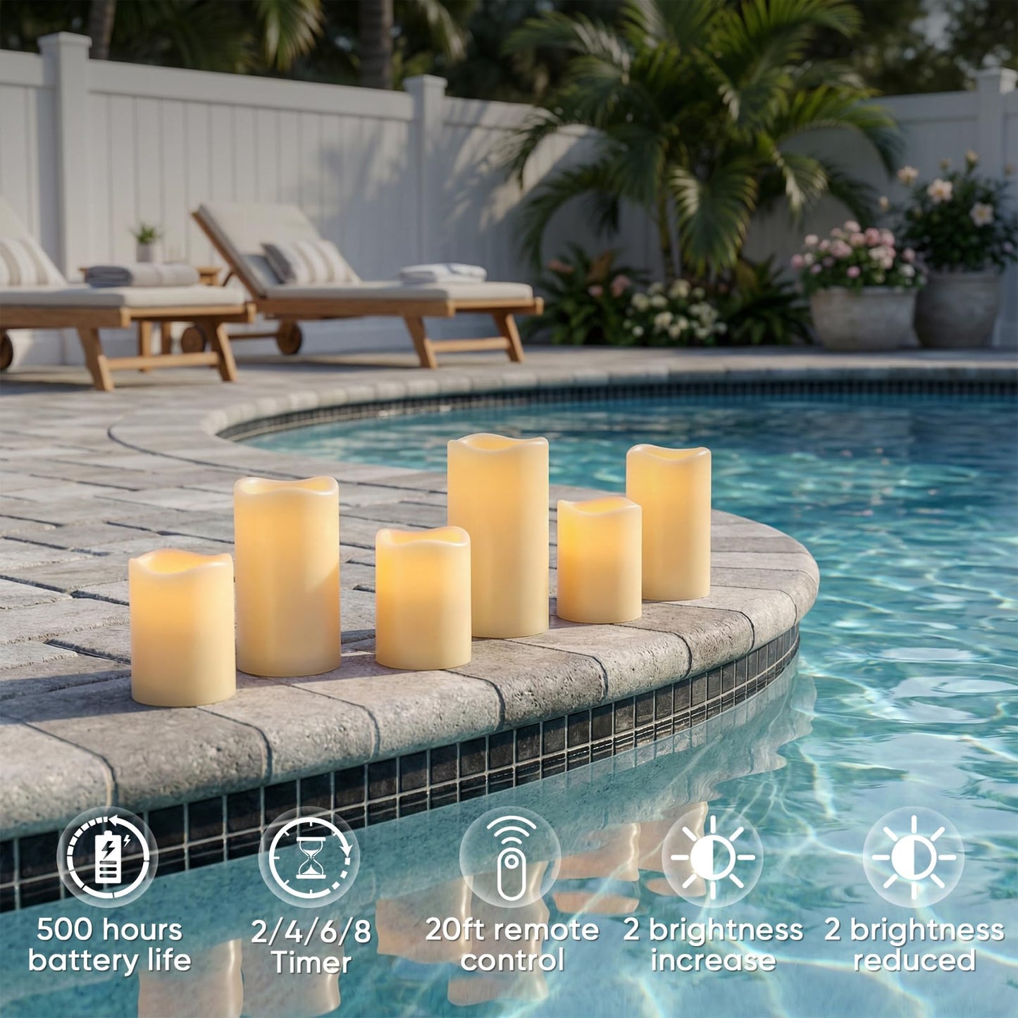 Amagic 3" x 6" Waterproof Outdoor Flameless Candles, Battery Operated Candles with Remote and Timer, Flickering LED Pillar Candle for Outside Patio Garden and Indoor Home Decor, Ivory, Set of 2