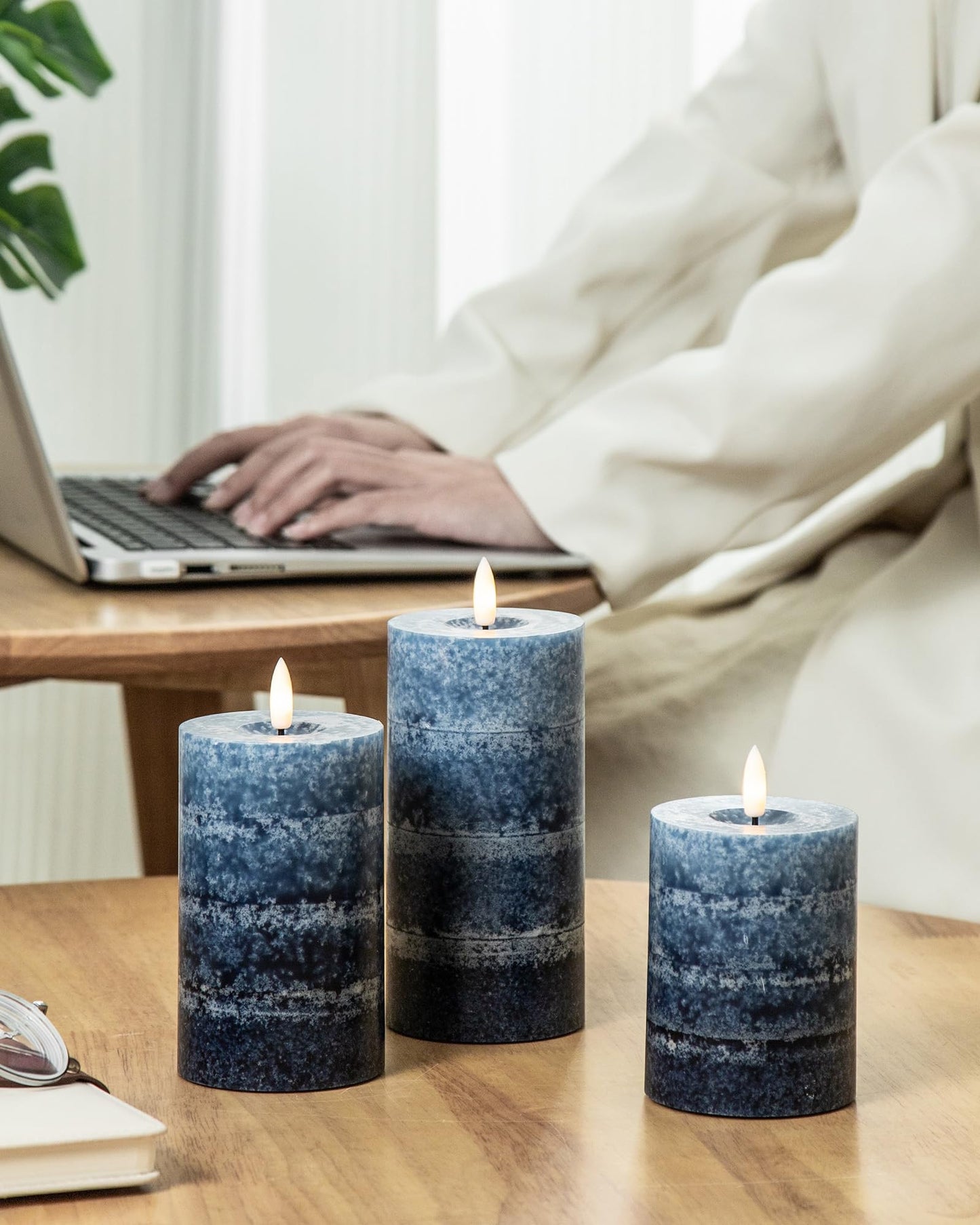 Stmarry Gradient Navy Blue Flameless Candles with Remote and Timer, Real Wax Made LED Pillar Candles Battery Operated with 3D Flickering Flame, 3" x 4",5",6", Navy Blue Decor, Set of 3