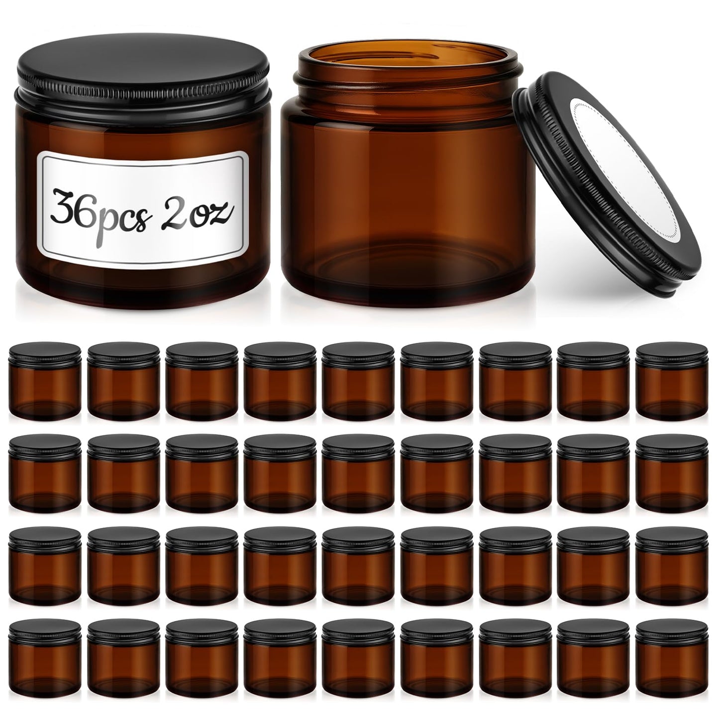 2 oz Glass Jars with Metal Lids, 36 Pack Amber Small Glass Jars with Black Lids Leakproof Round Airtight Empty Cosmetic Travel Containers with Inner Liners For Lotions Powders and Candle Making